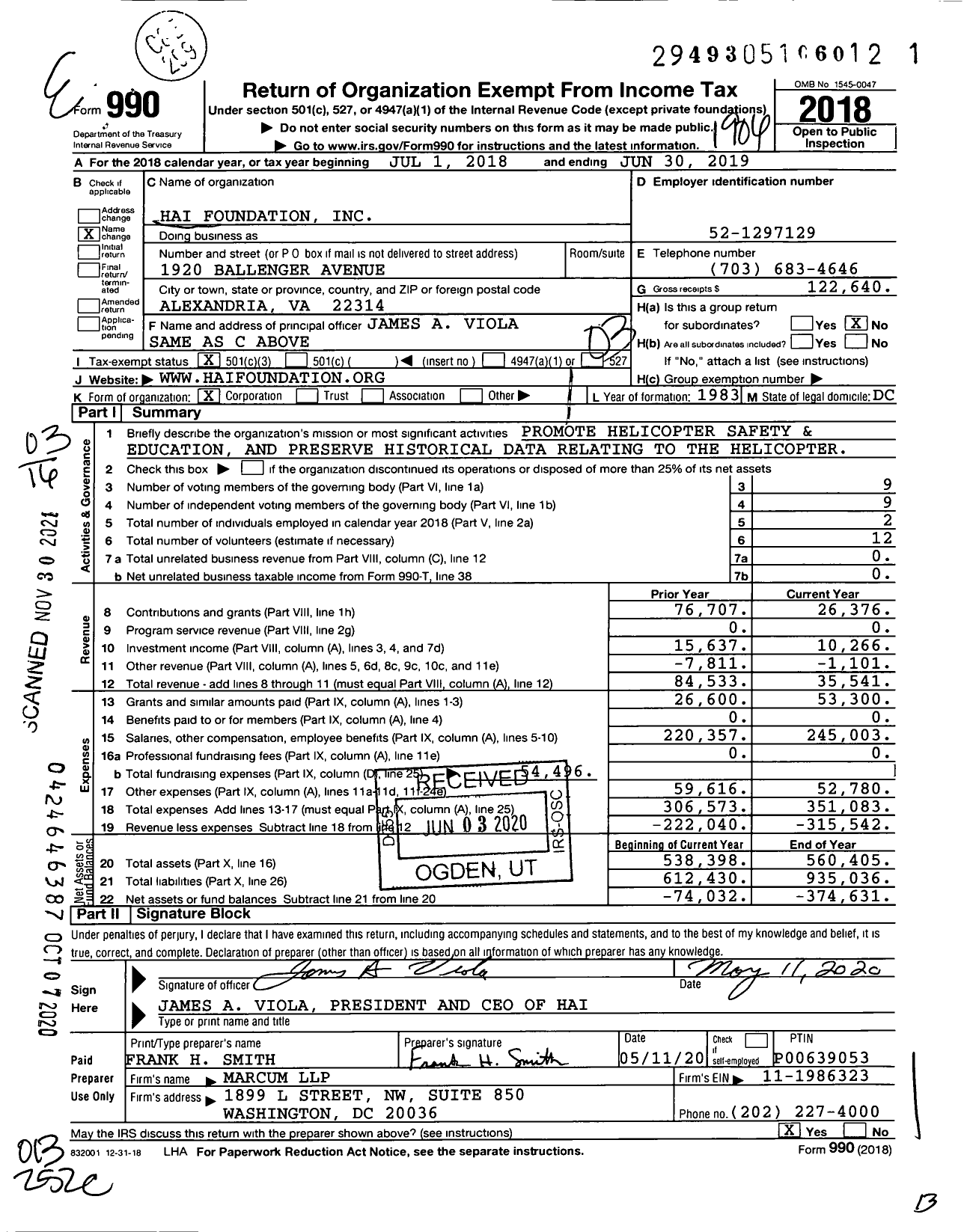 Image of first page of 2018 Form 990 for Vai Foundation