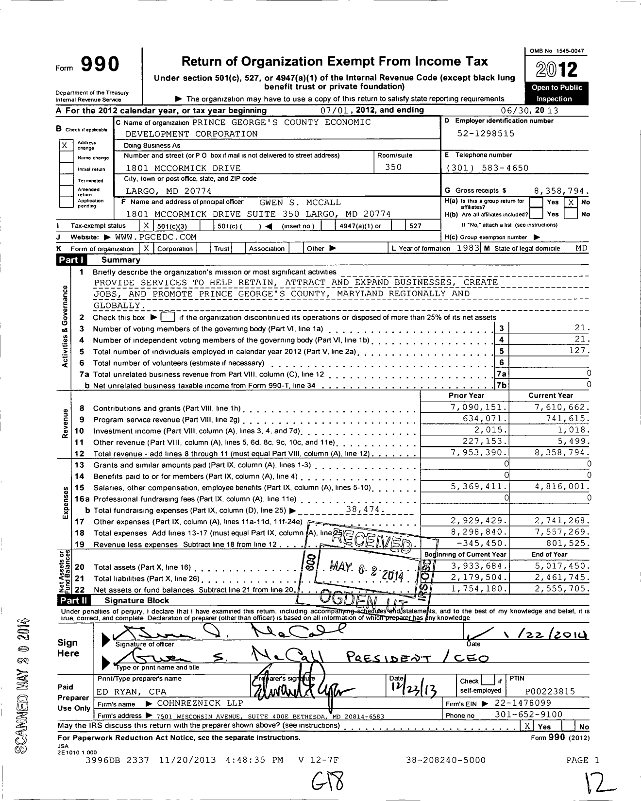 Image of first page of 2012 Form 990 for Prince George's County Economic Development Corporation