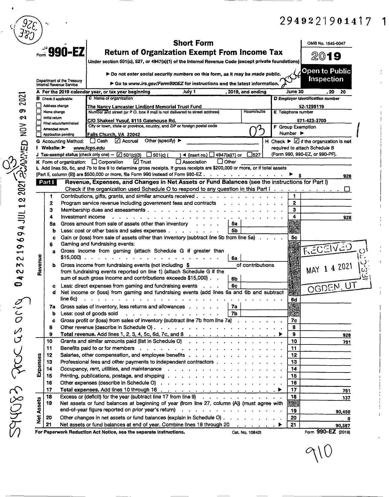 Image of first page of 2019 Form 990EZ for The Nancy Lancaster Lindjord Memorial Trust Fund