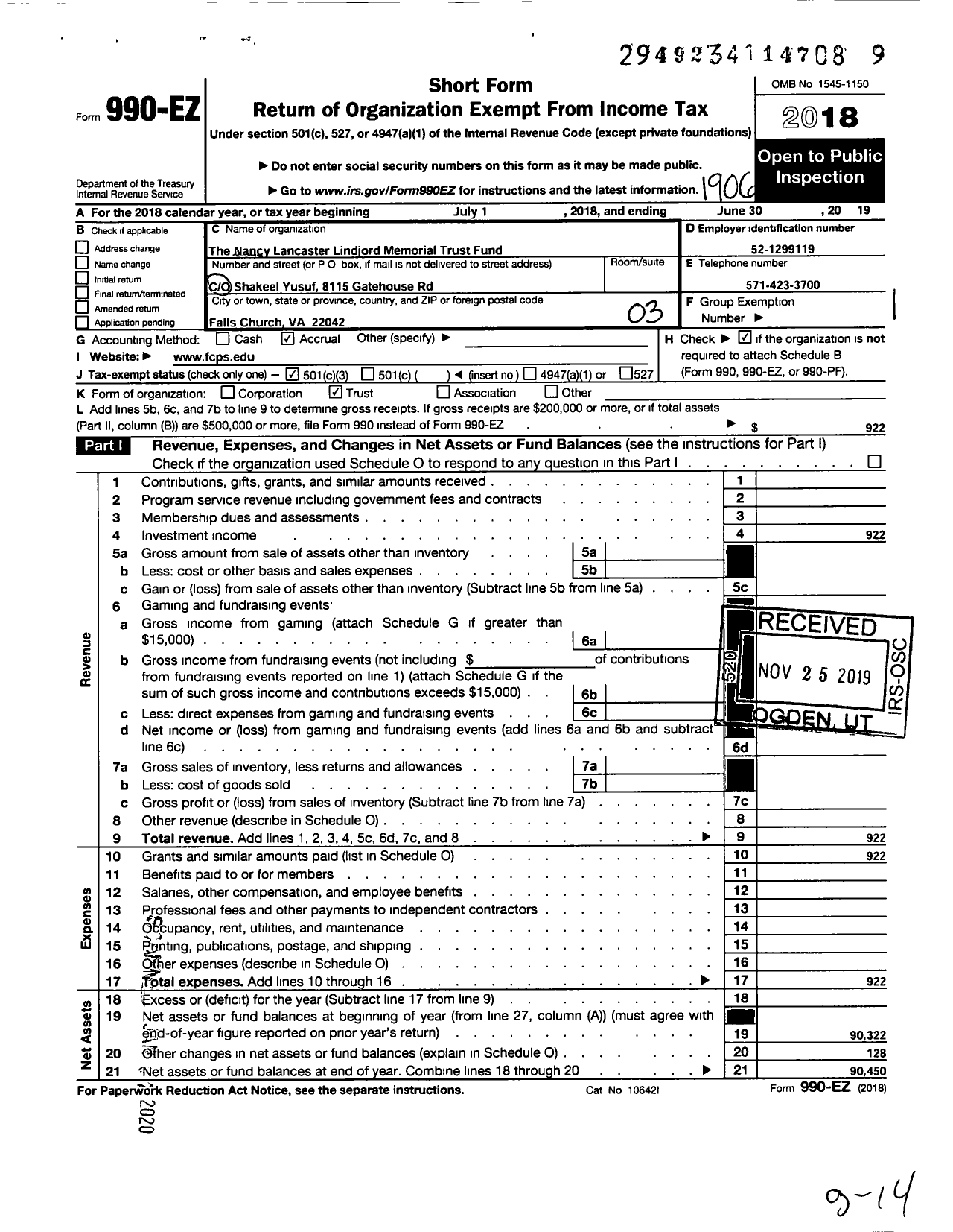 Image of first page of 2018 Form 990EZ for The Nancy Lancaster Lindjord Memorial Trust Fund