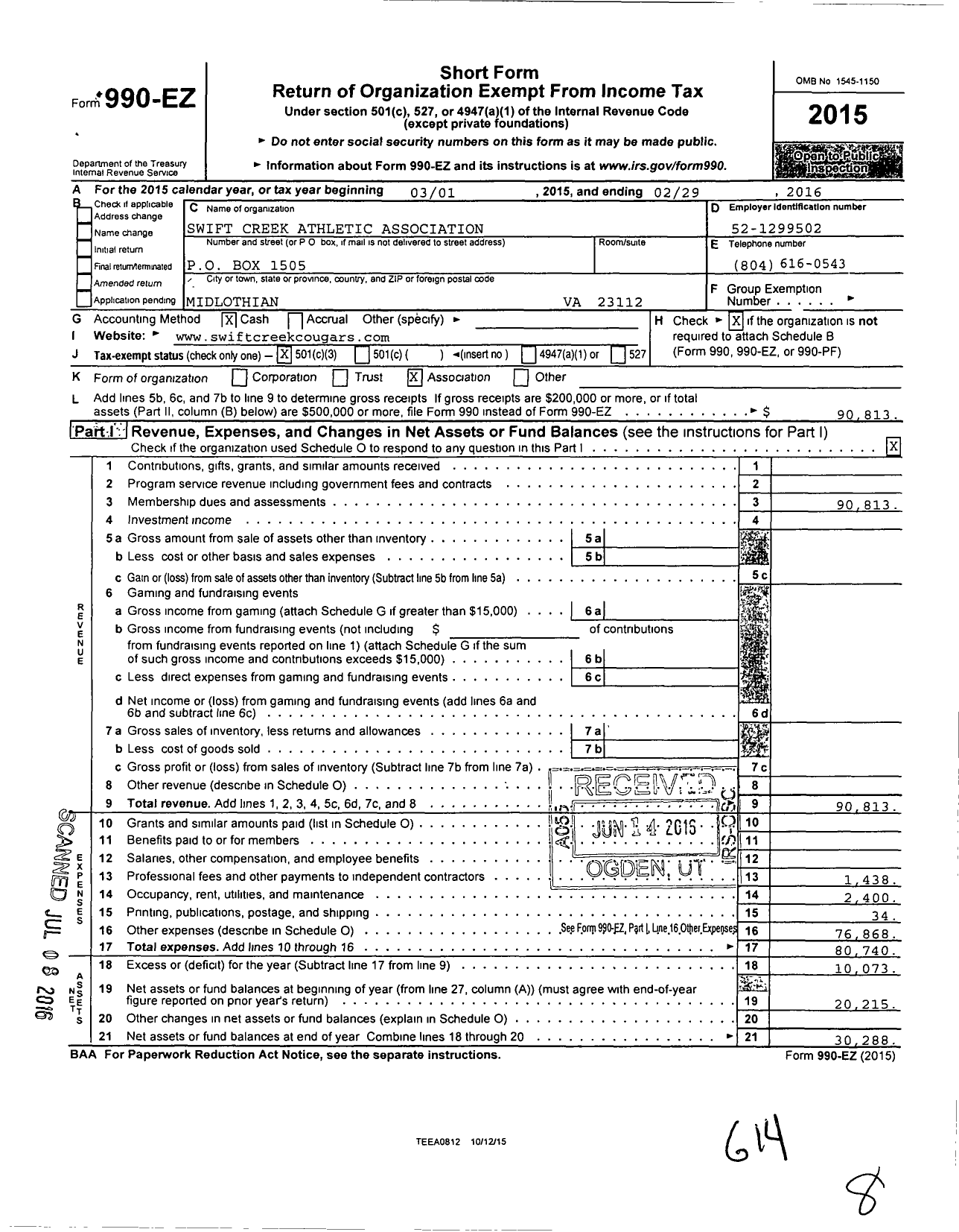 Image of first page of 2015 Form 990EZ for Swift Creek Athletic Assiciation