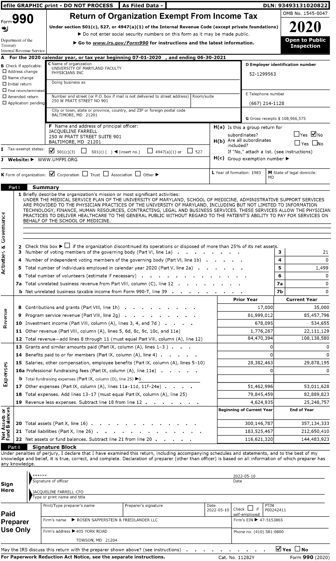 Image of first page of 2020 Form 990 for University of Maryland Faculty Physicians (FPI)