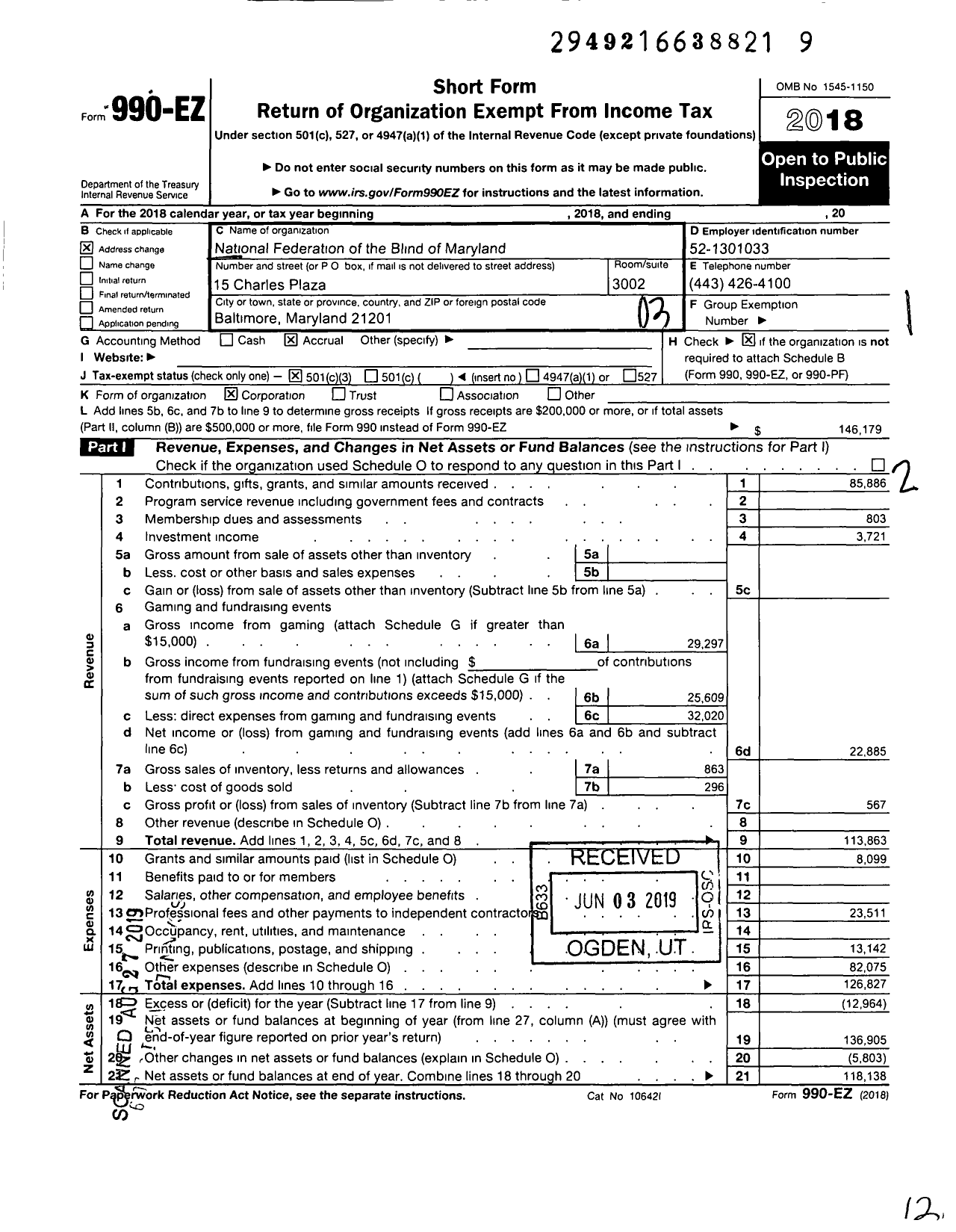 Image of first page of 2018 Form 990EZ for National Federation of the Blind of Maryland