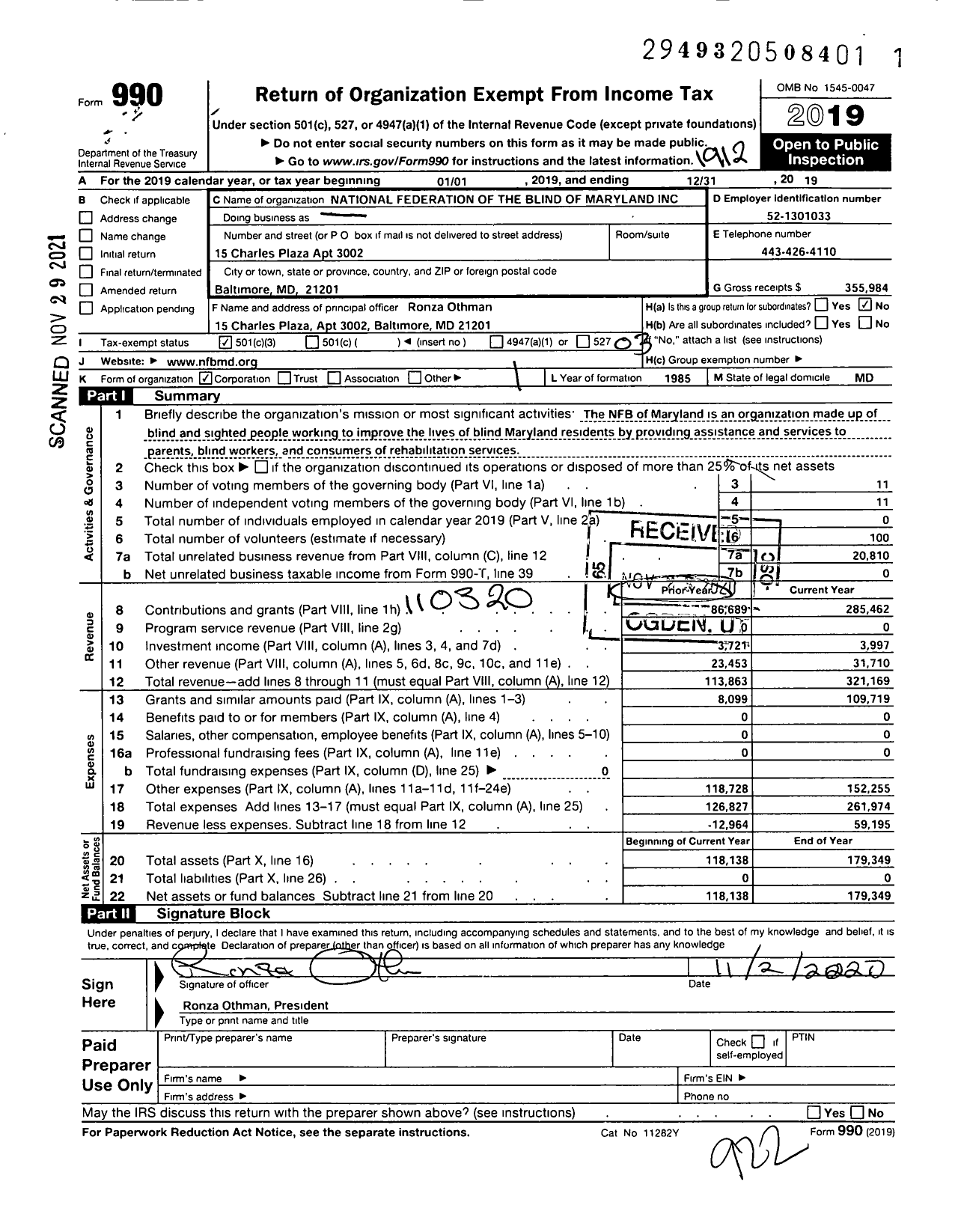 Image of first page of 2019 Form 990 for National Federation of the Blind of Maryland