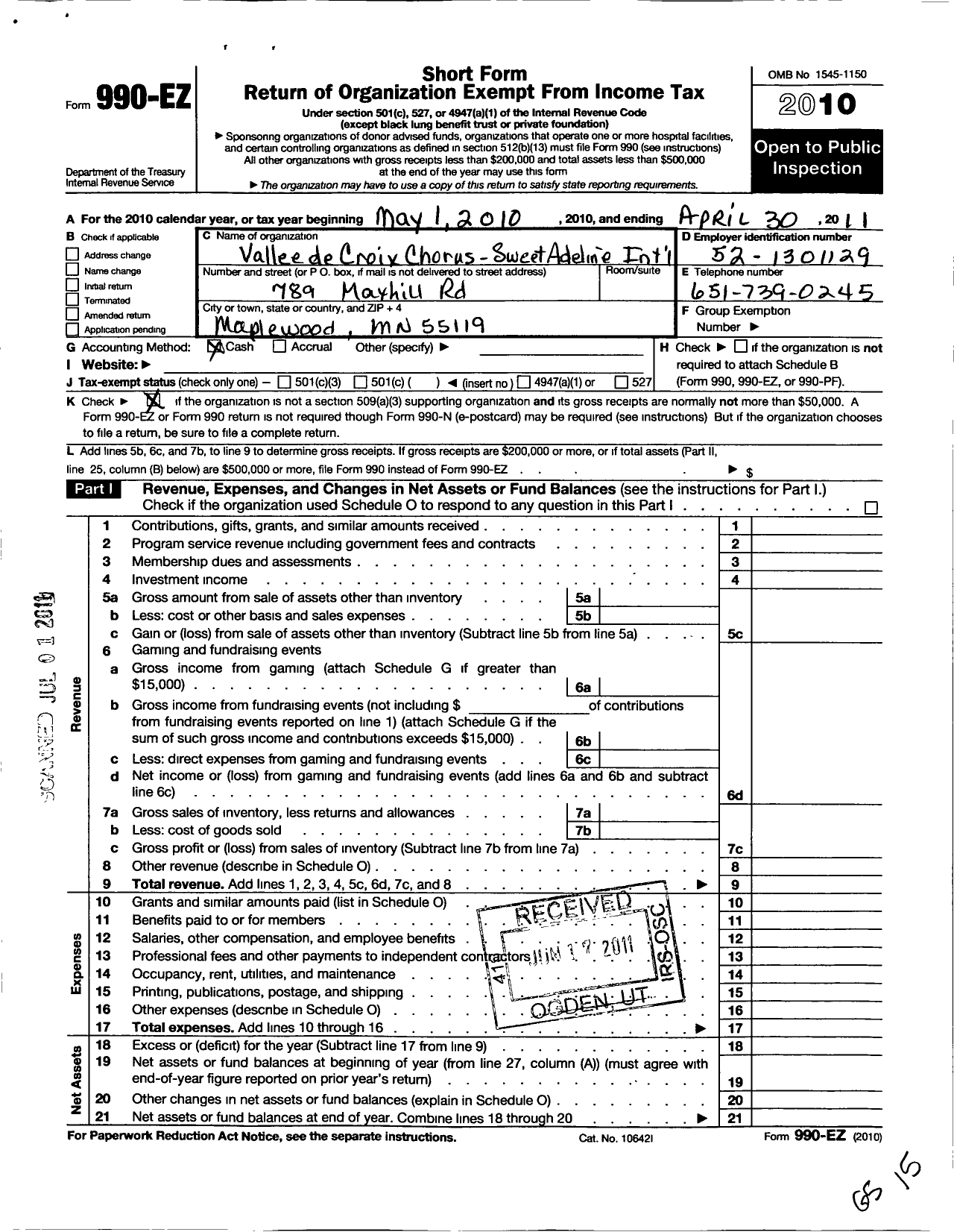 Image of first page of 2010 Form 990EO for Sweet Adelines International - 110125 Vallee de Croix