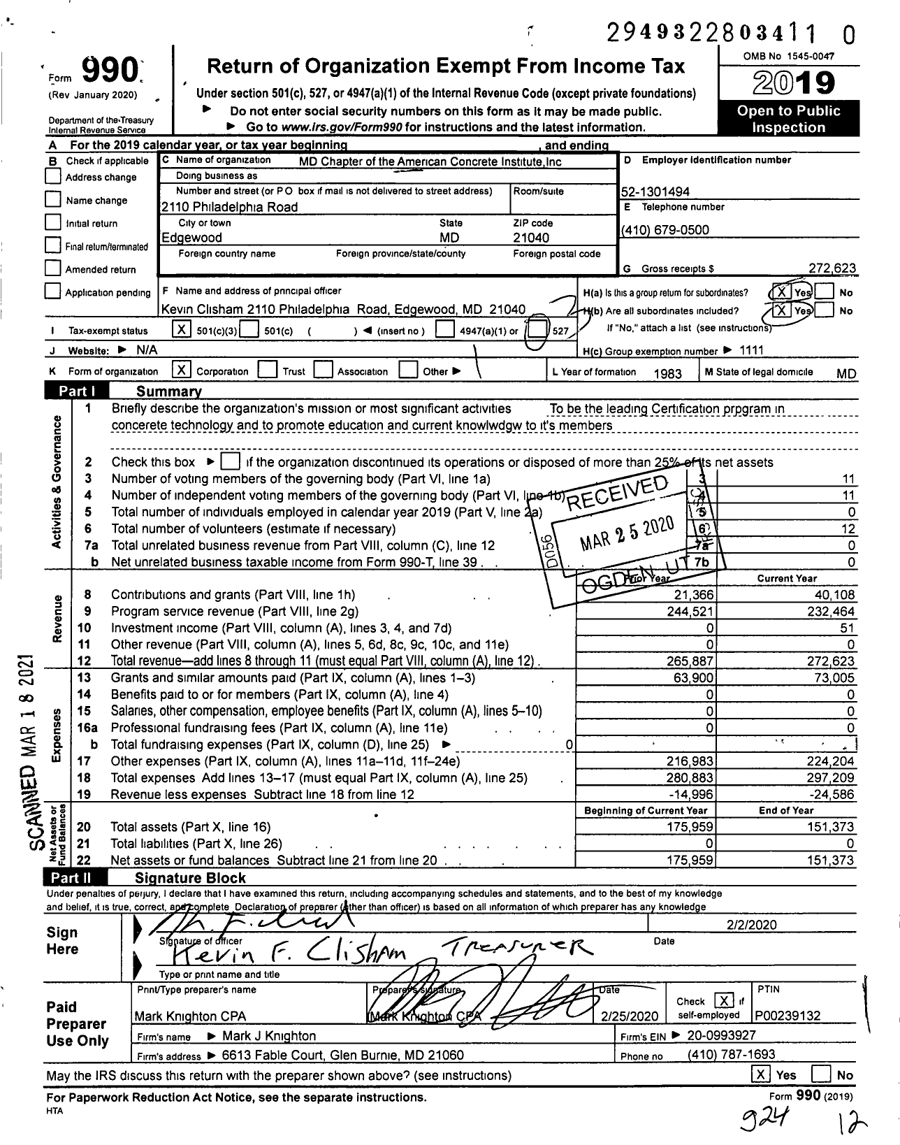 Image of first page of 2019 Form 990 for American Concrete Institute / Maryland Chapter