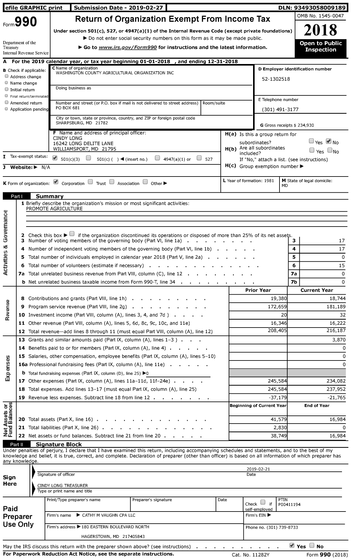 Image of first page of 2018 Form 990 for Washington County Agricultural Organization