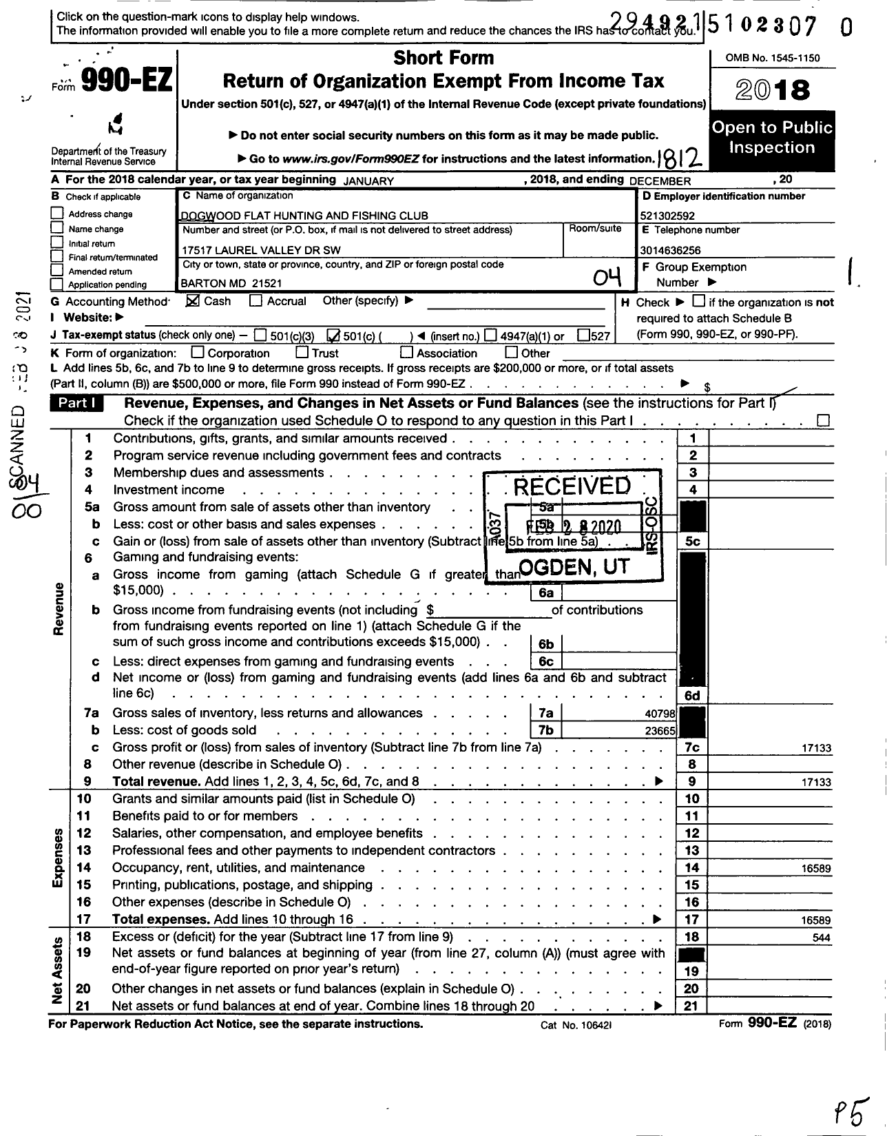 Image of first page of 2018 Form 990EO for Dogwood Flat Hunting and Fishing Club