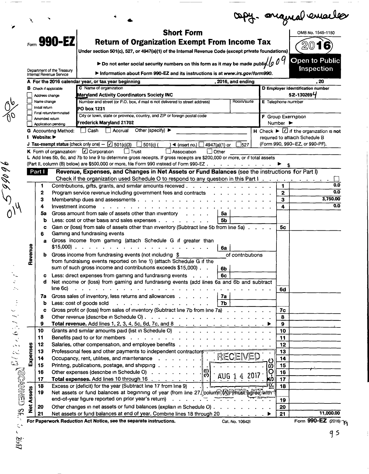 Image of first page of 2015 Form 990EZ for Maryland Activity Coordinators Society