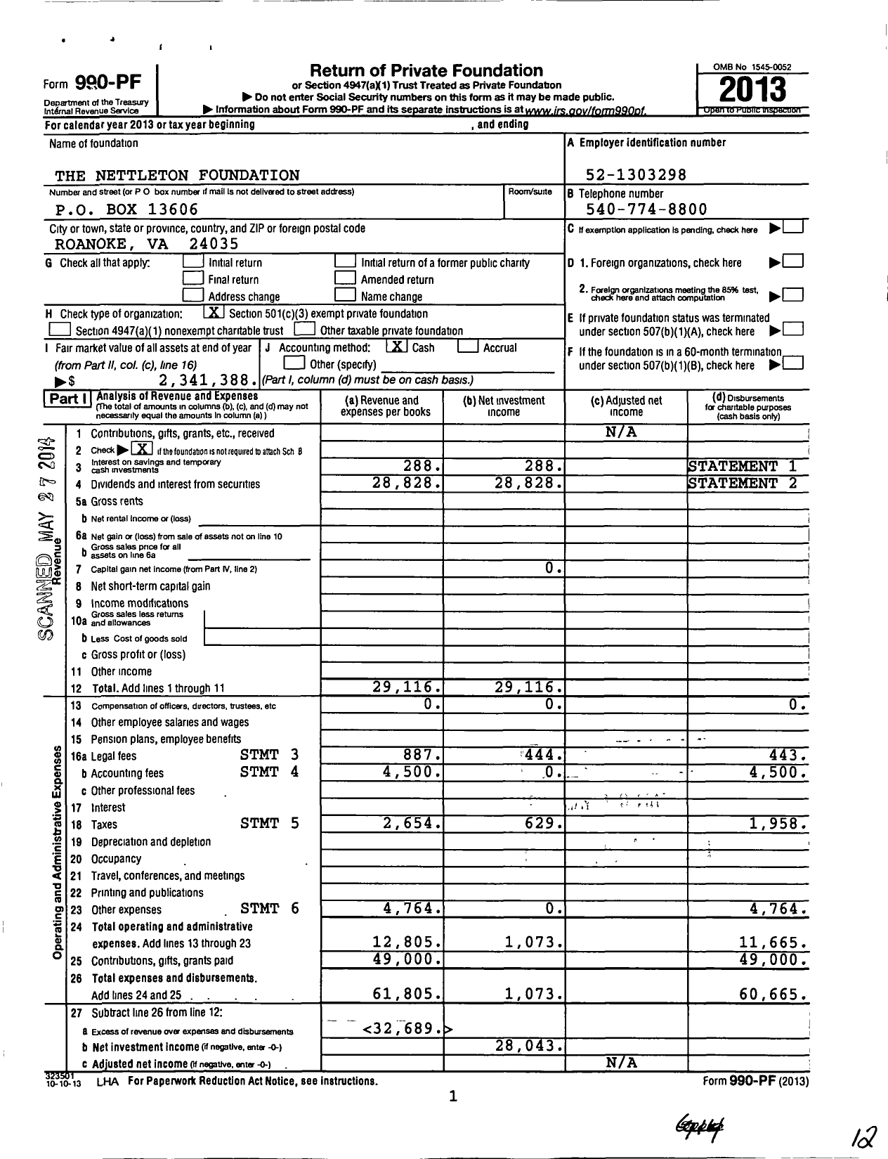 Image of first page of 2013 Form 990PF for The Nettleton Foundation