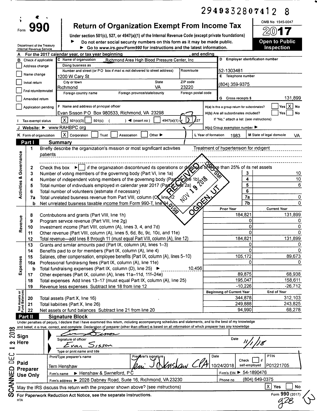 Image of first page of 2017 Form 990 for Center for Healthy Hearts