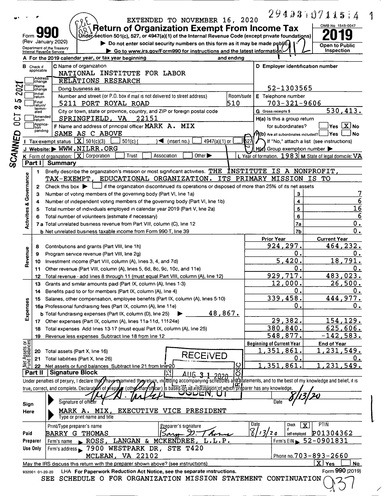 Image of first page of 2019 Form 990 for National Institute for Labor Relations Research (NILRR)