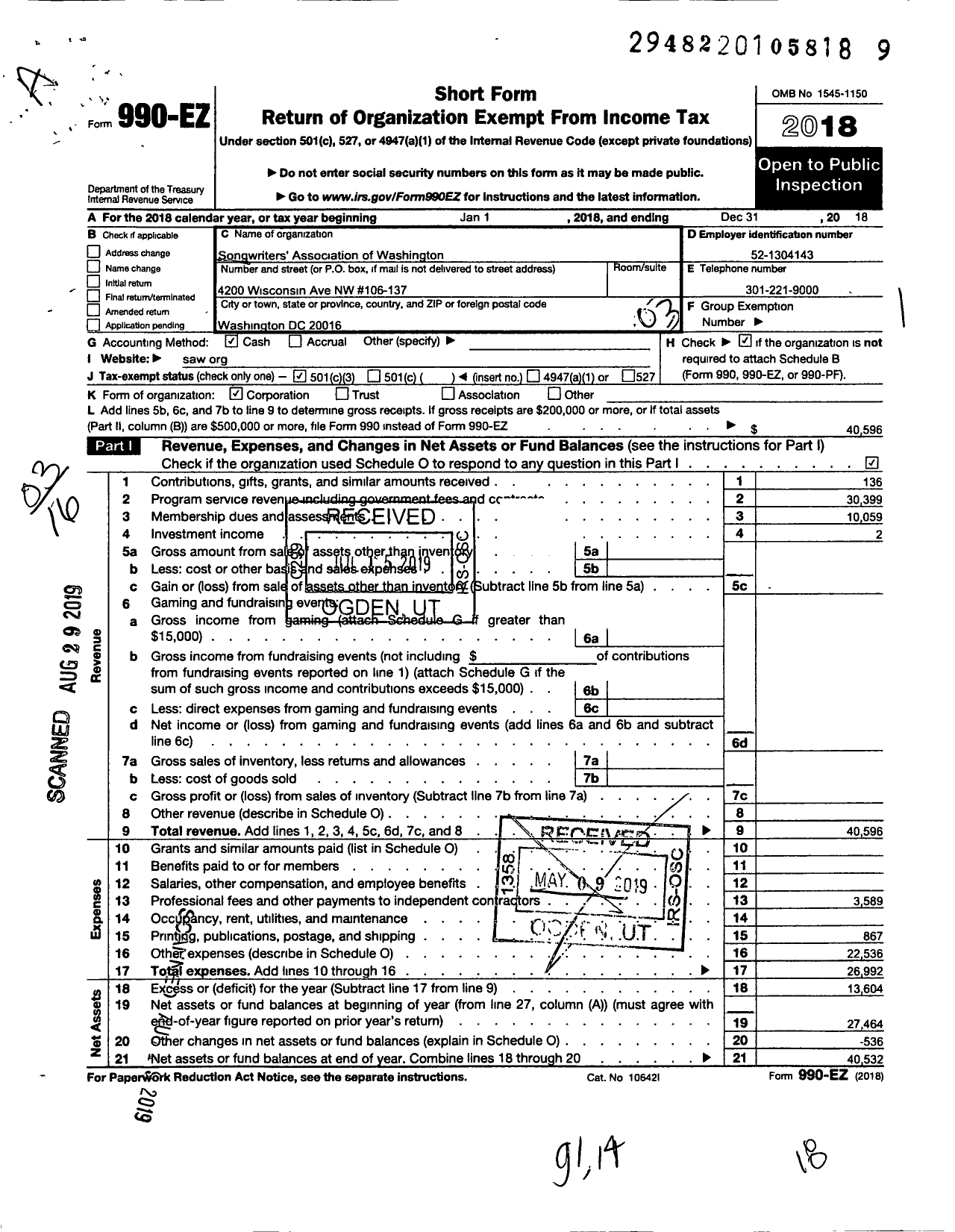 Image of first page of 2018 Form 990EZ for Songwriters Association of Washington