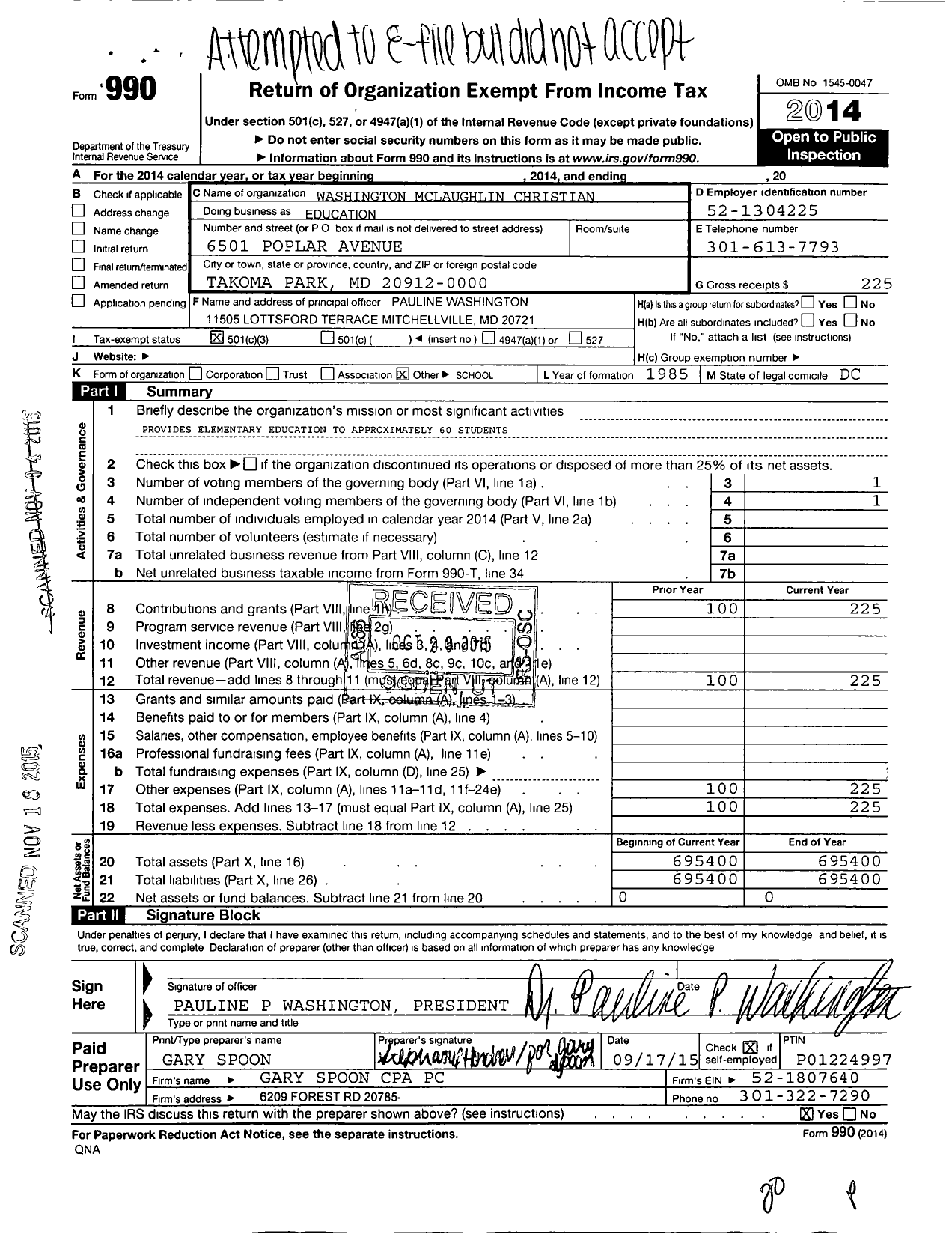 Image of first page of 2014 Form 990 for Washington McLaughlin Christian School