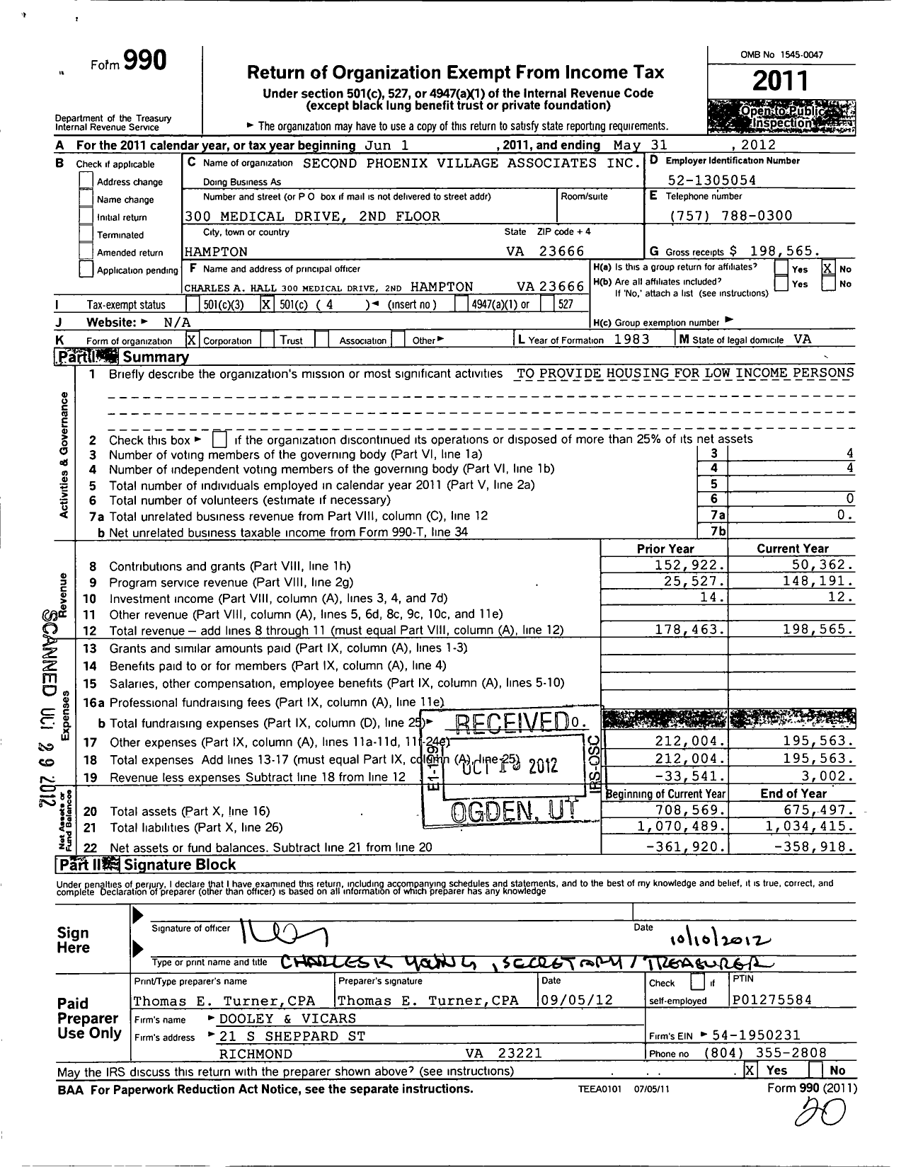 Image of first page of 2011 Form 990O for Second Phoenix Village Associates