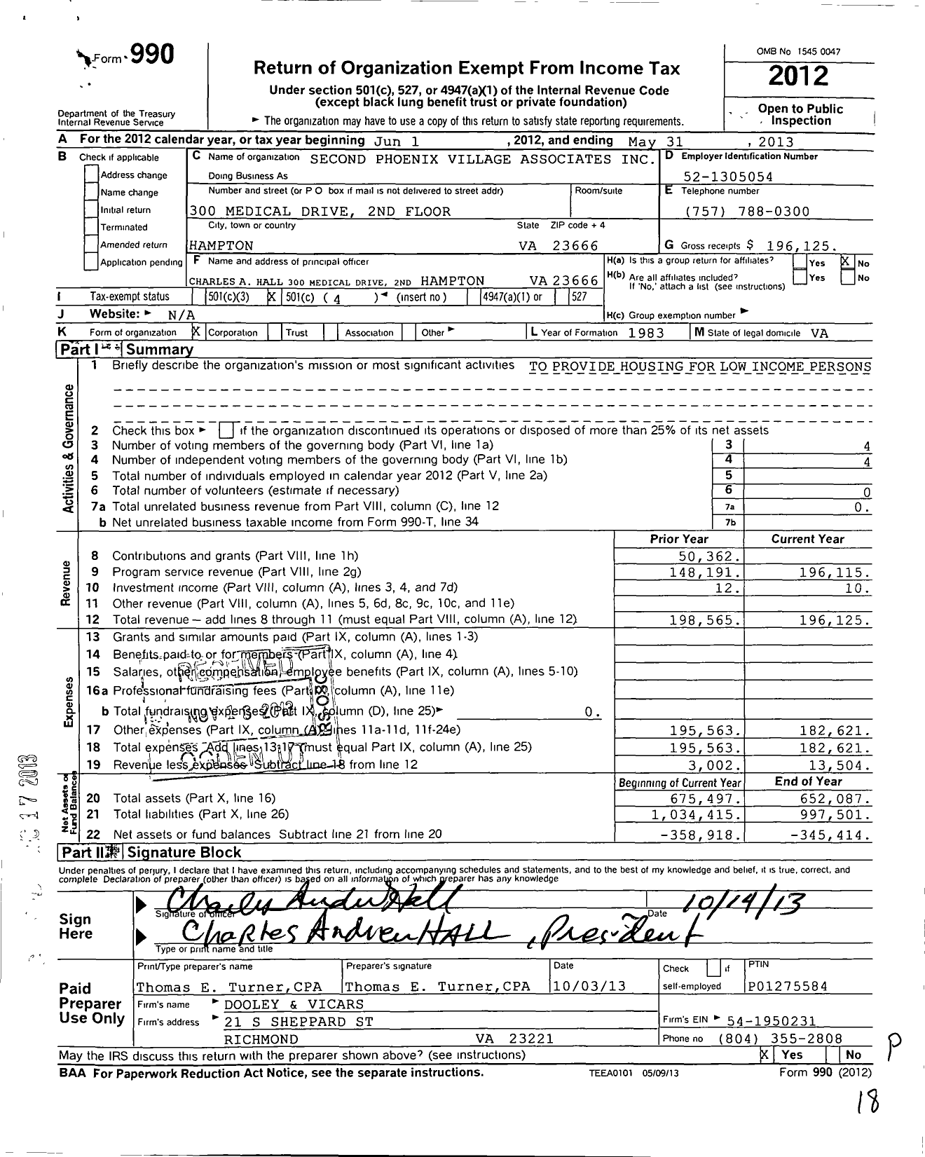 Image of first page of 2012 Form 990O for Second Phoenix Village Associates