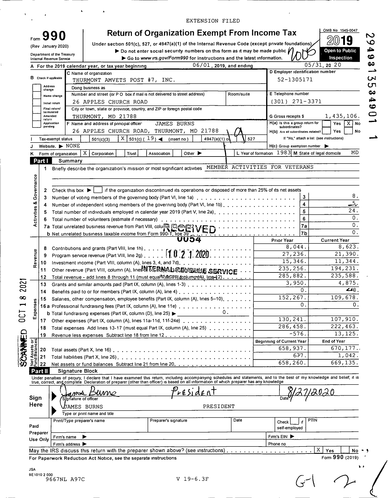 Image of first page of 2019 Form 990O for Amvets - Thurmont Amvets Post 7