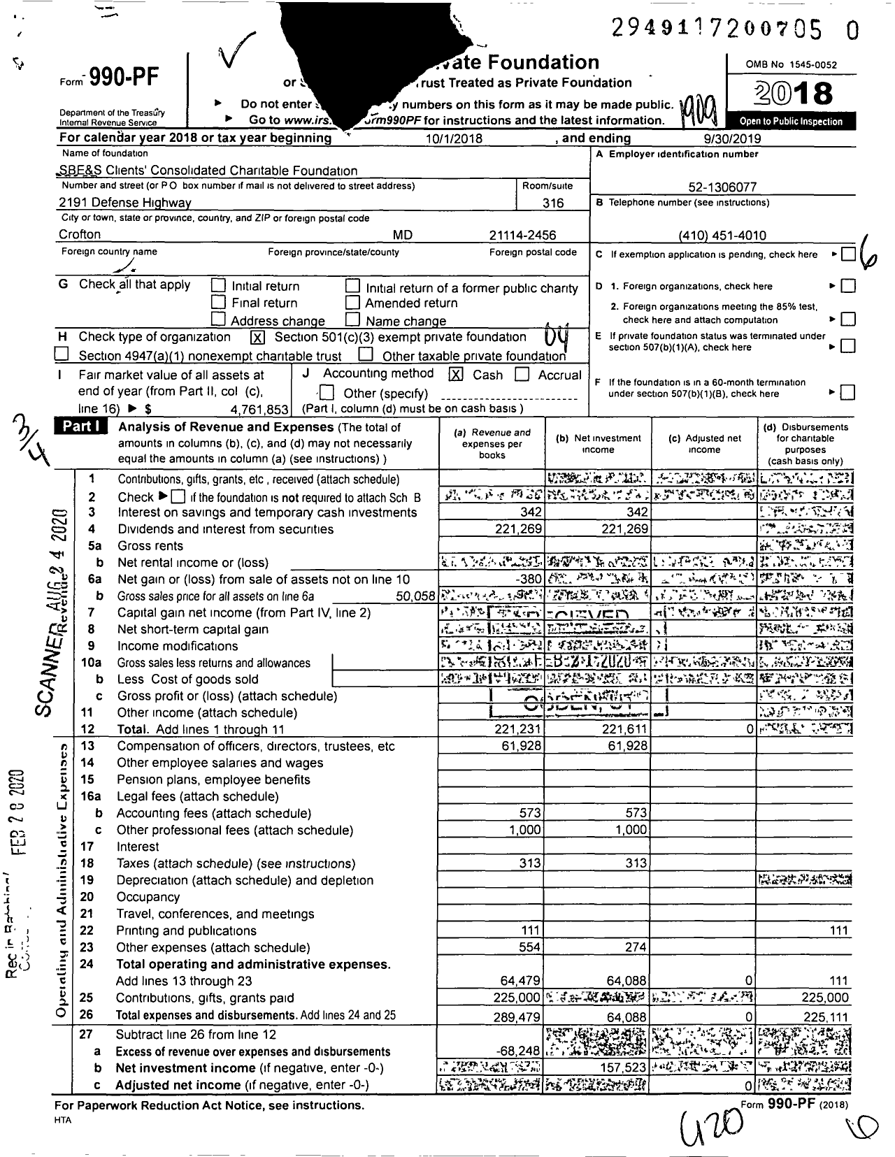 Image of first page of 2018 Form 990PR for SBE&S Clients' Consolidated Charitable Foundation