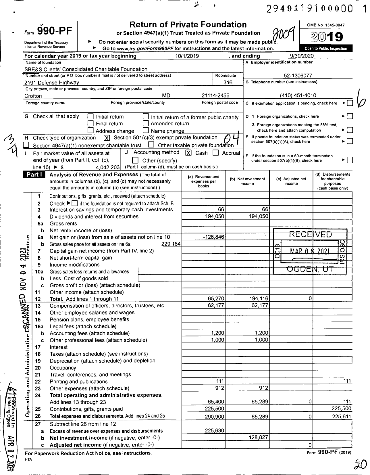 Image of first page of 2019 Form 990PF for SBE&S Clients' Consolidated Charitable Foundation