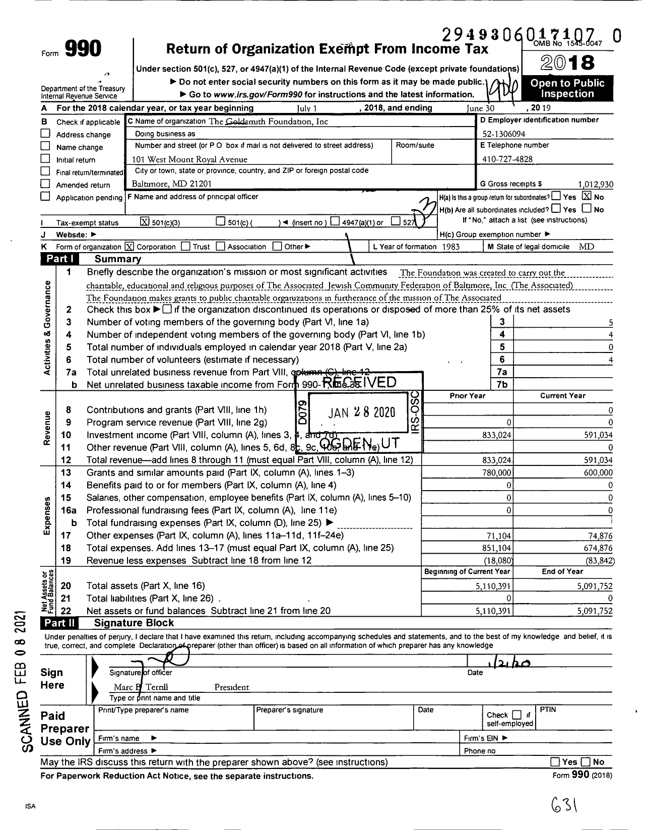 Image of first page of 2018 Form 990 for The Goldsmith Foundation