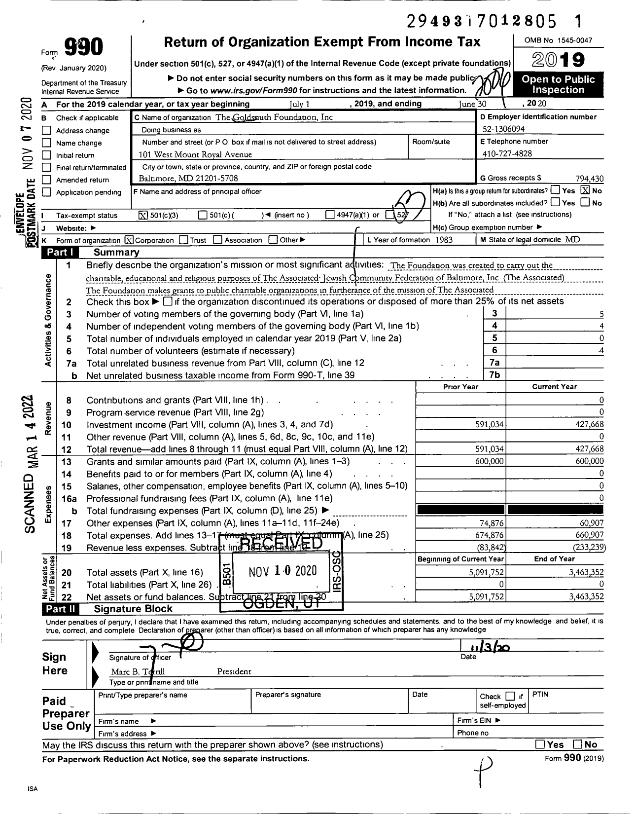 Image of first page of 2019 Form 990 for The Goldsmith Foundation