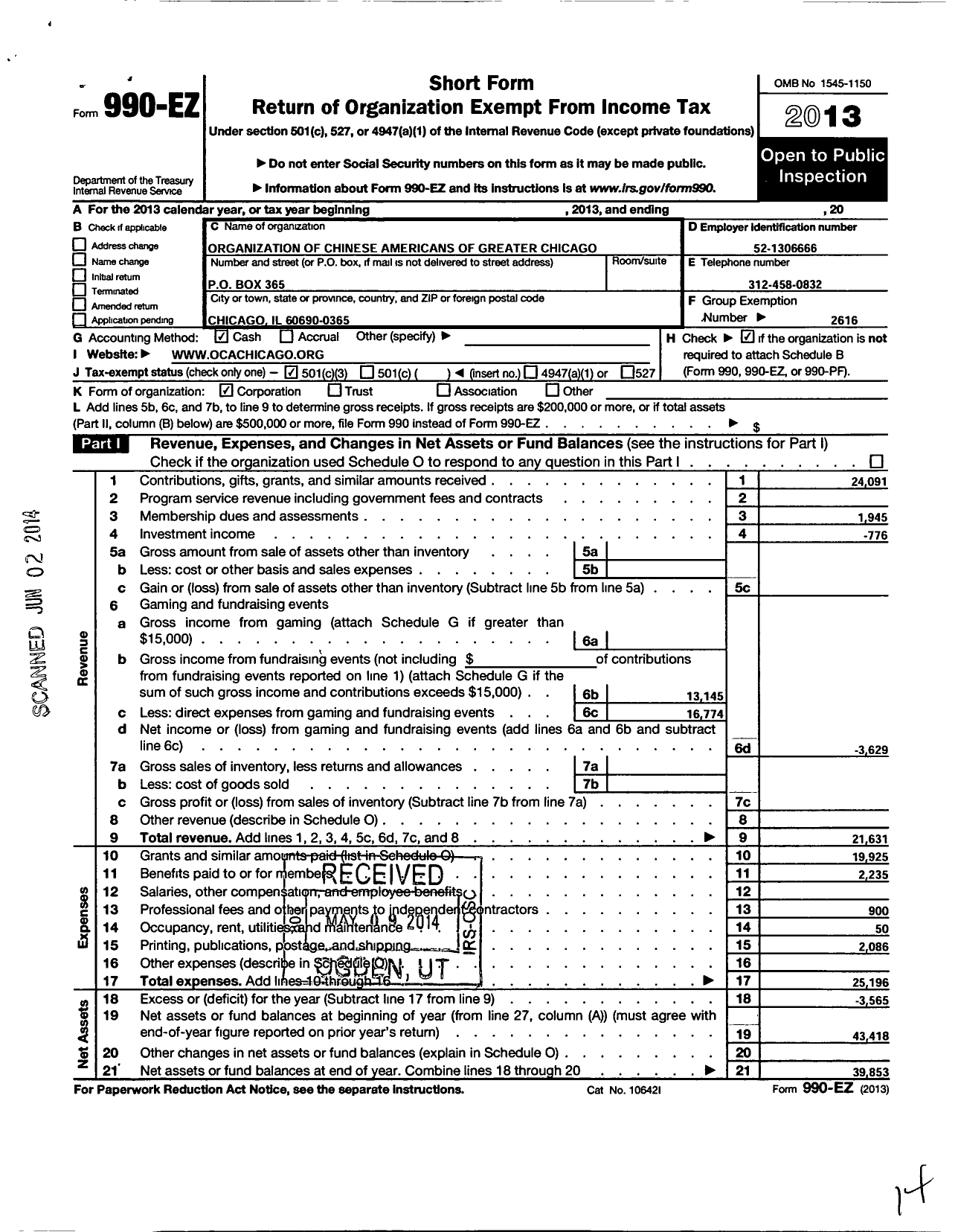 Image of first page of 2013 Form 990EZ for Organization of Chinese Americans / Greater Chicago Chapter