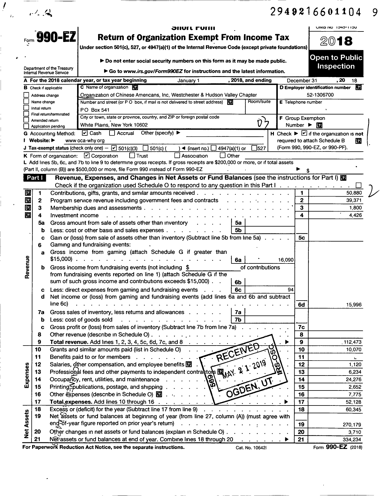 Image of first page of 2018 Form 990EZ for Organization of Chinese Americans Westchester and Hudson Valley