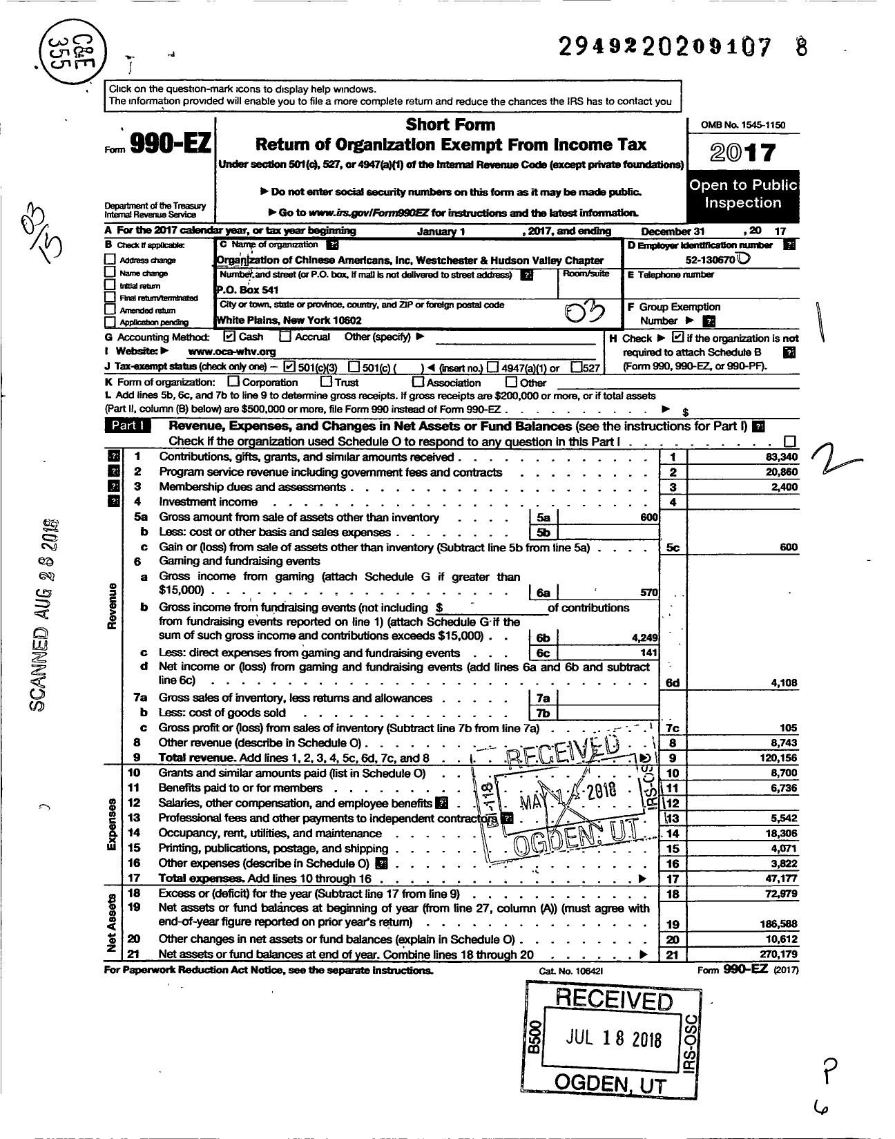 Image of first page of 2017 Form 990EZ for Organization of Chinese Americans Westchester and Hudson Valley