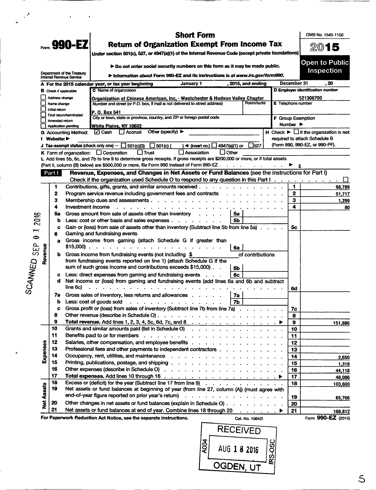 Image of first page of 2015 Form 990EO for Organization of Chinese Americans Westchester and Hudson Valley