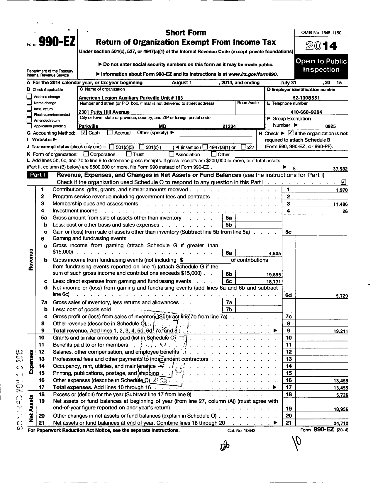 Image of first page of 2014 Form 990EO for American Legion Auxiliary - Parkville Unit 183