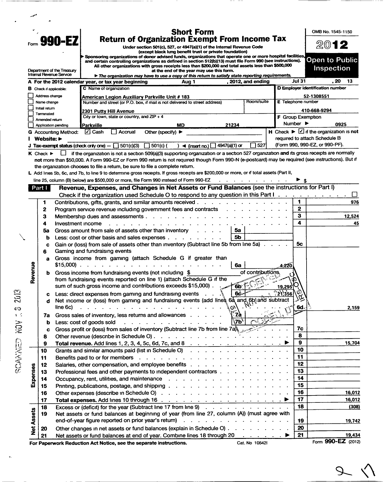 Image of first page of 2012 Form 990EO for American Legion Auxiliary - Parkville Unit 183