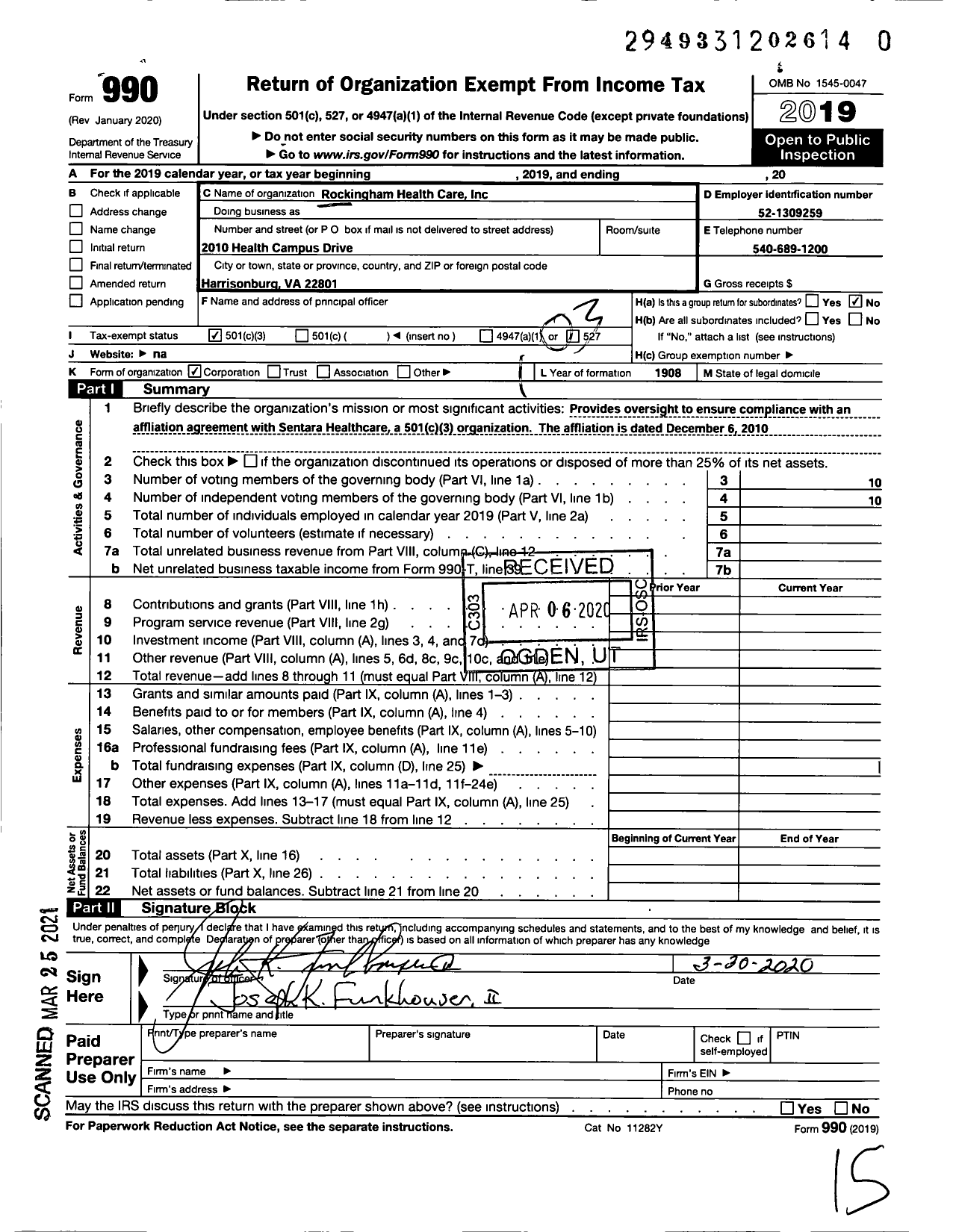 Image of first page of 2019 Form 990 for Rockingham Health Care