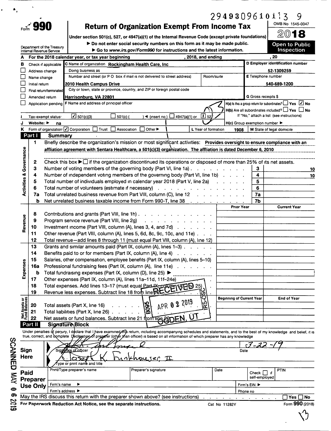 Image of first page of 2018 Form 990 for Rockingham Health Care