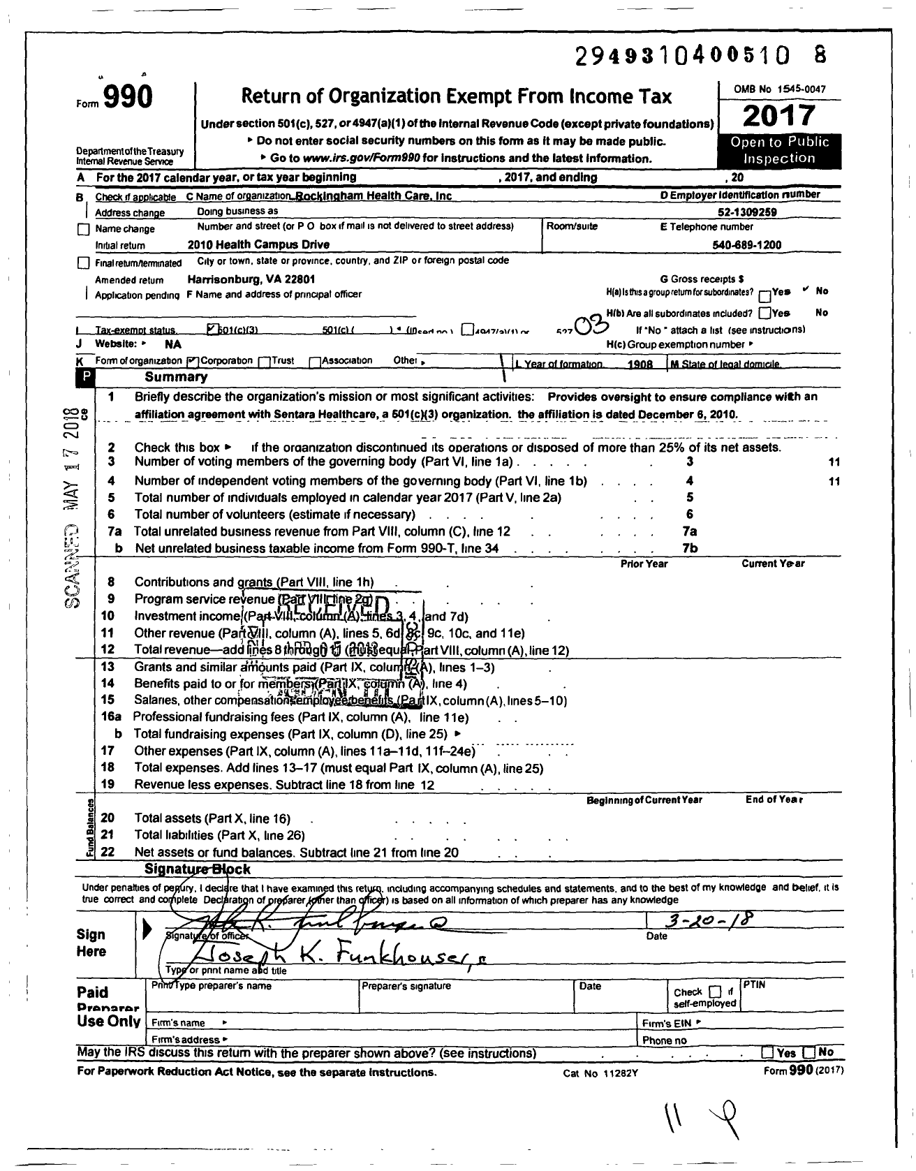 Image of first page of 2017 Form 990 for Rockingham Health Care