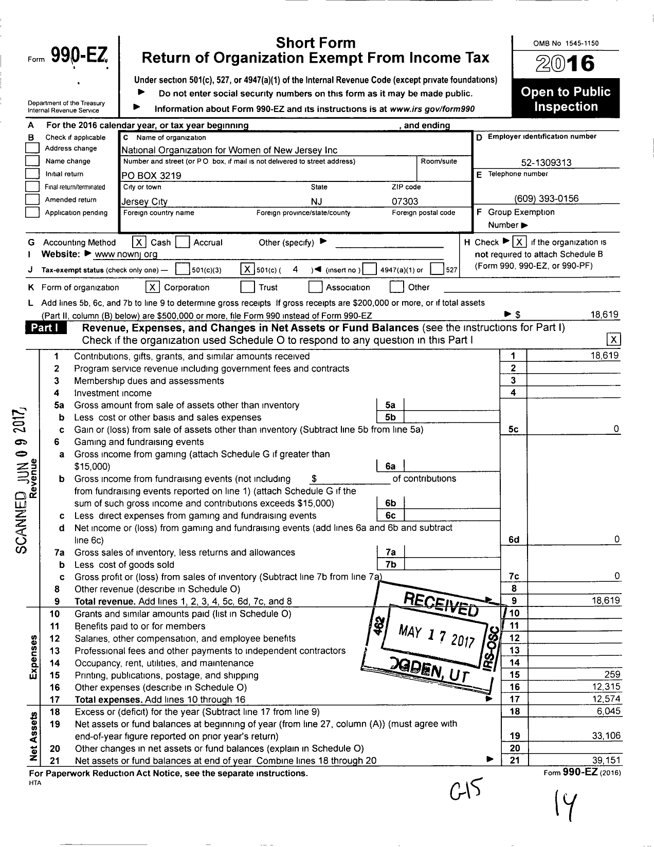 Image of first page of 2016 Form 990EO for NJ0000 New Jersey Now