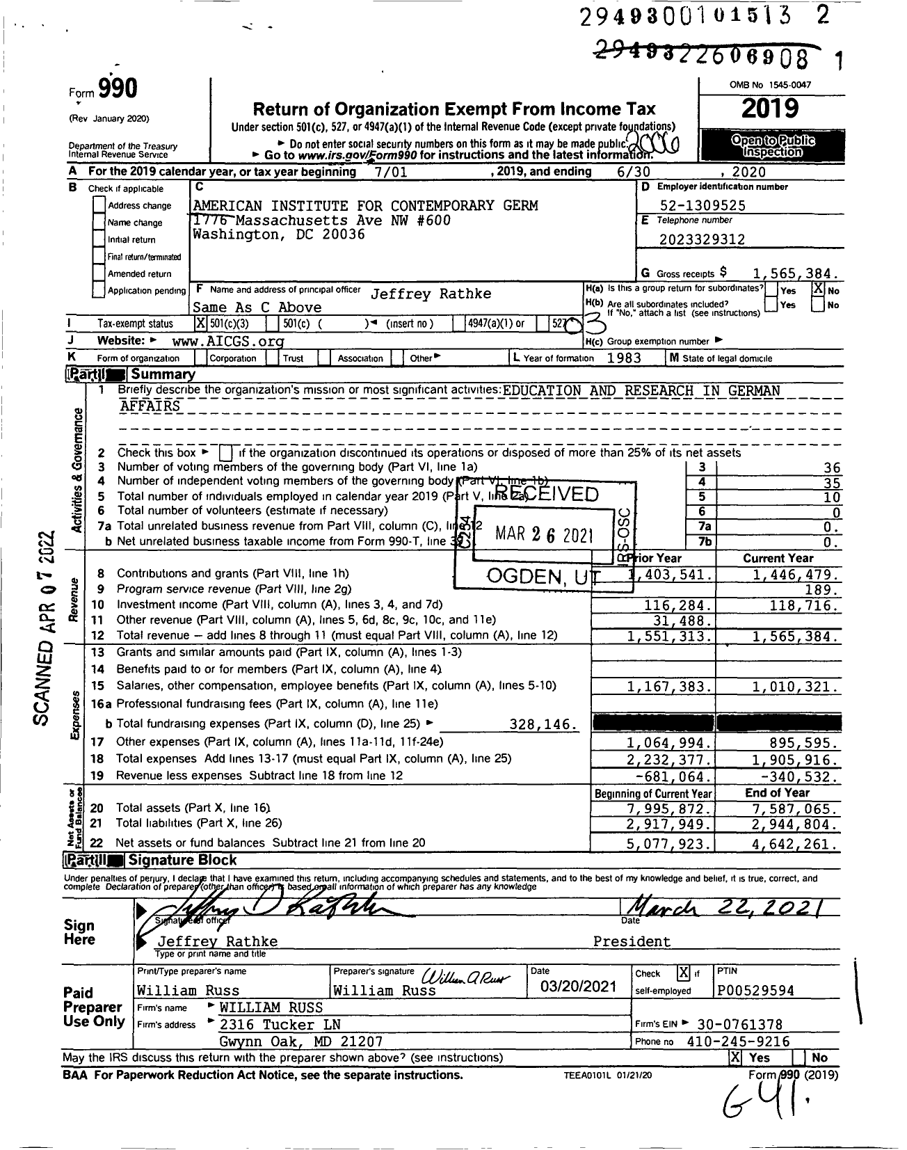 Image of first page of 2019 Form 990 for American-German Institute Johns Hopkins University (AICGS)