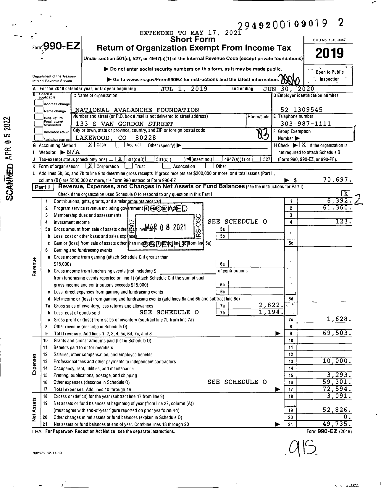 Image of first page of 2019 Form 990EZ for National Avalanche Foundation