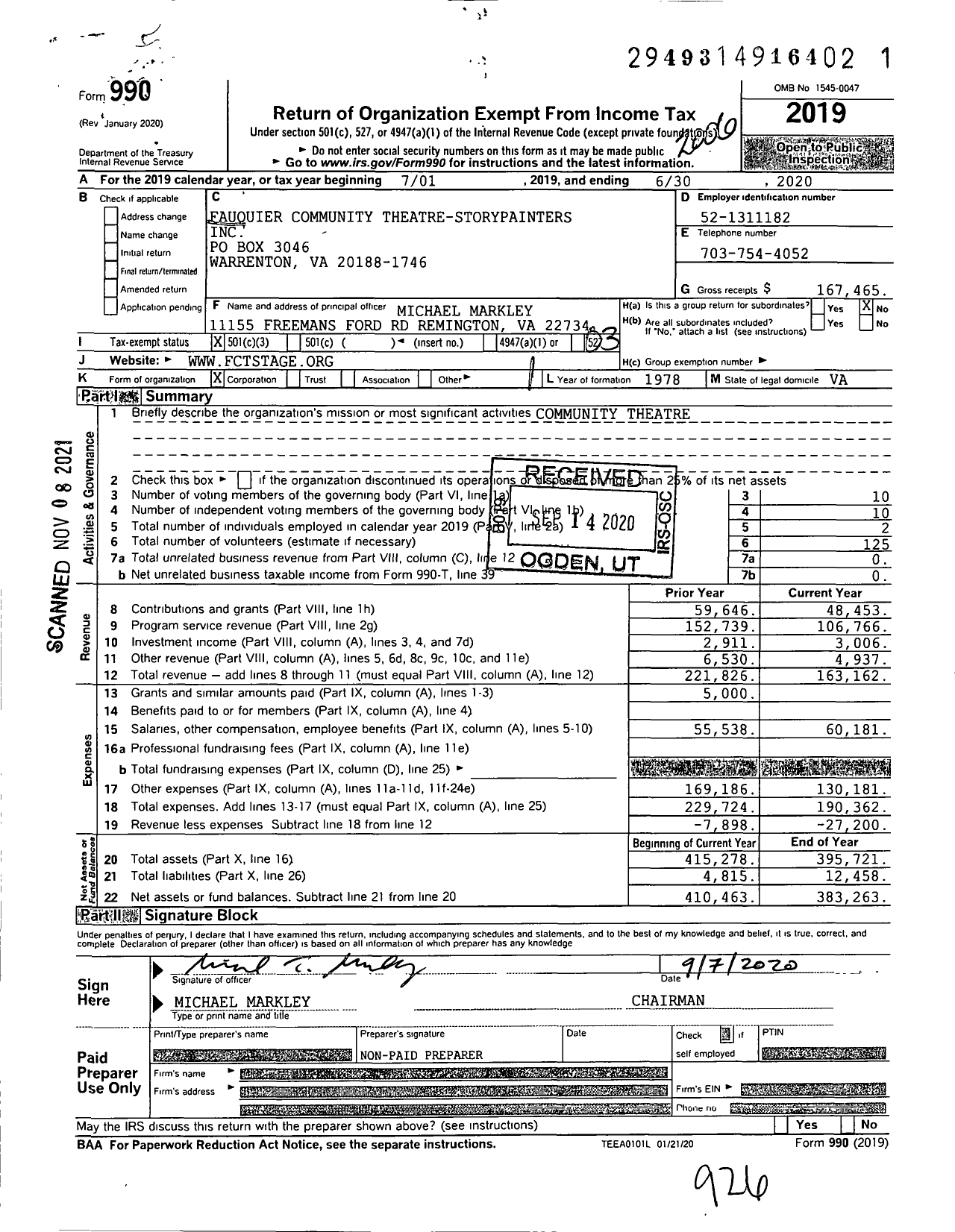 Image of first page of 2019 Form 990 for Fauquier Community Theatre-Storypainters