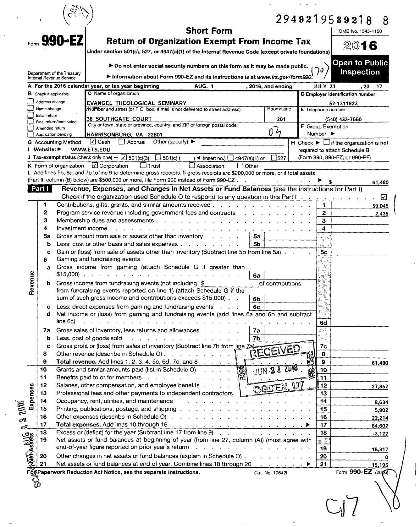 Image of first page of 2016 Form 990EZ for Evangel Theological Seminary