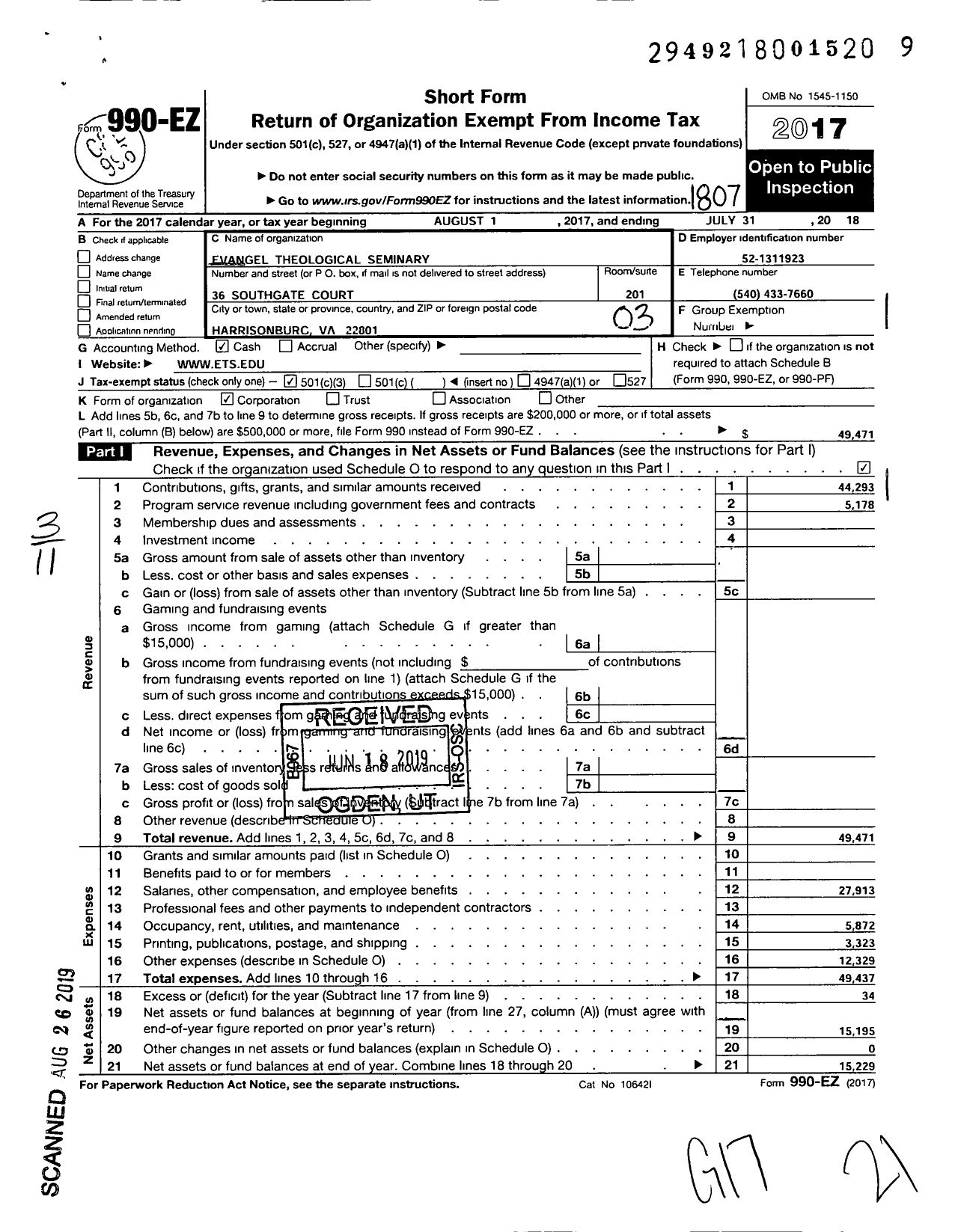 Image of first page of 2017 Form 990EZ for Evangel Theological Seminary