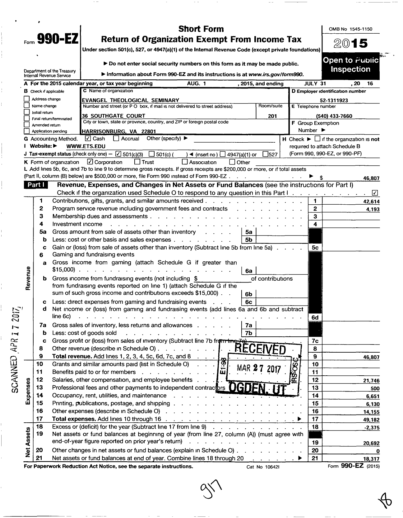 Image of first page of 2015 Form 990EZ for Evangel Theological Seminary