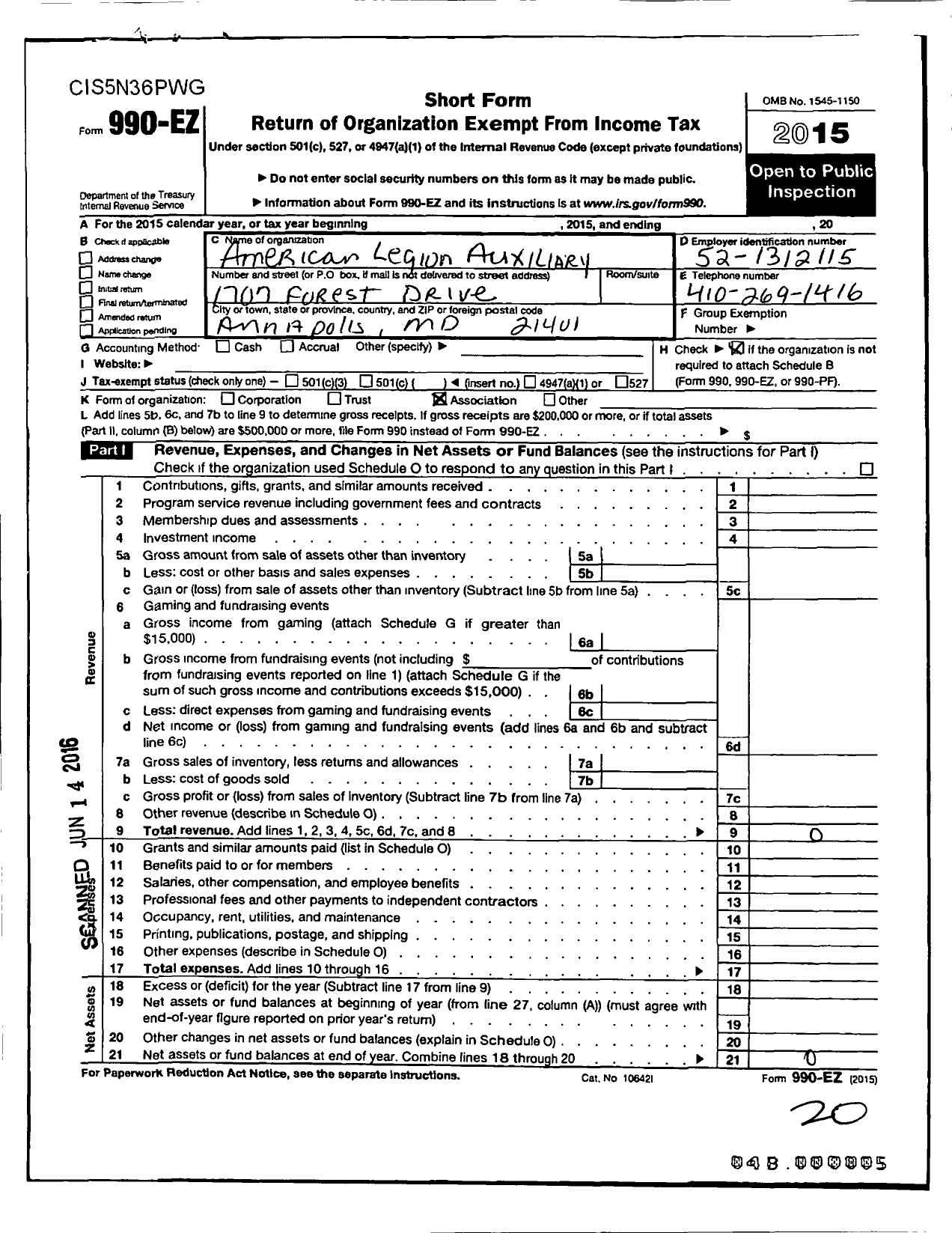 Image of first page of 2015 Form 990EO for American Legion Auxiliary at Annapolis of Cook- Pinkey Post No