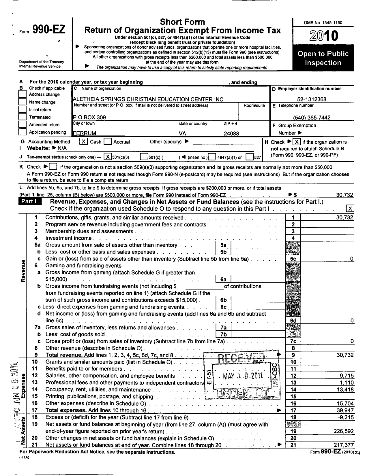 Image of first page of 2010 Form 990EZ for Alethia Springs Christian Education Center