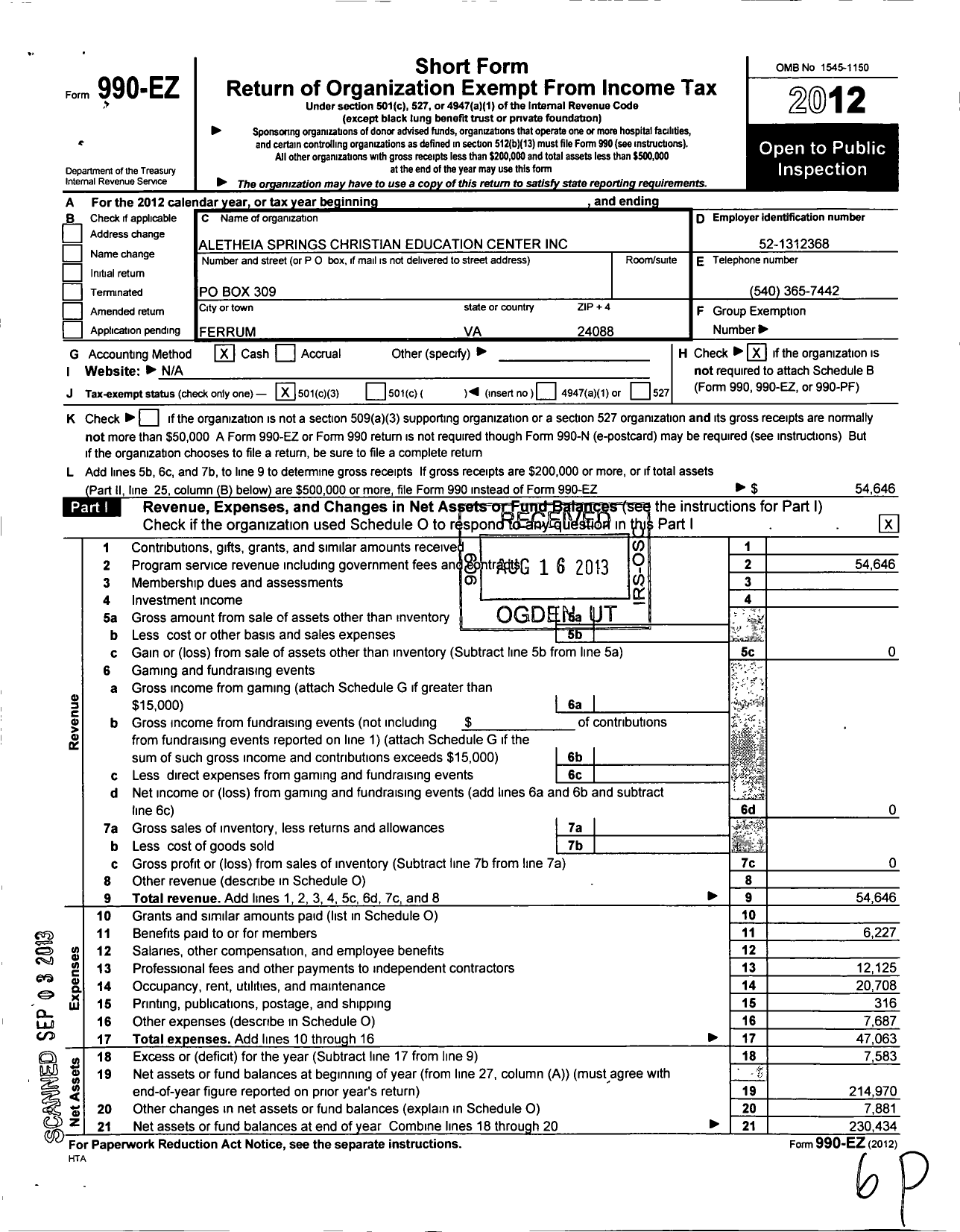 Image of first page of 2012 Form 990EZ for Alethia Springs Christian Education Center