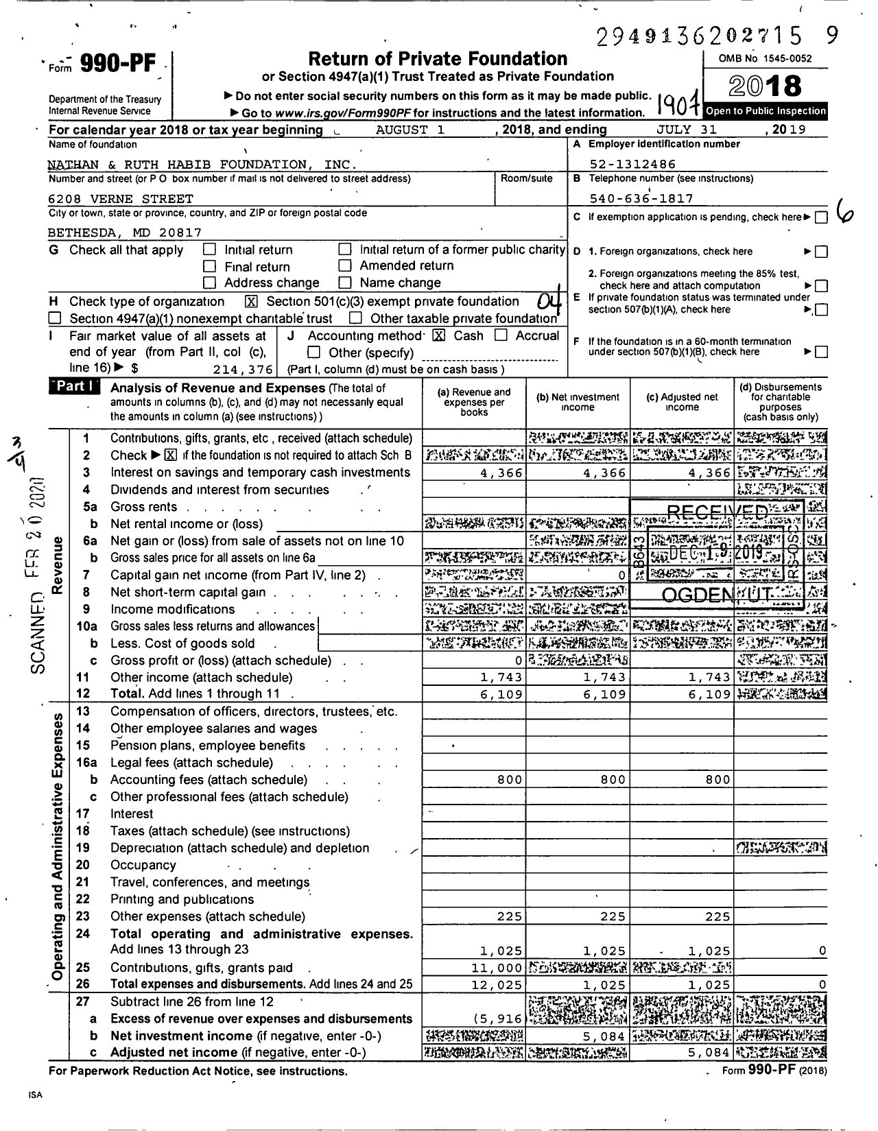 Image of first page of 2018 Form 990PF for Nathan and Ruth Habib Foundation