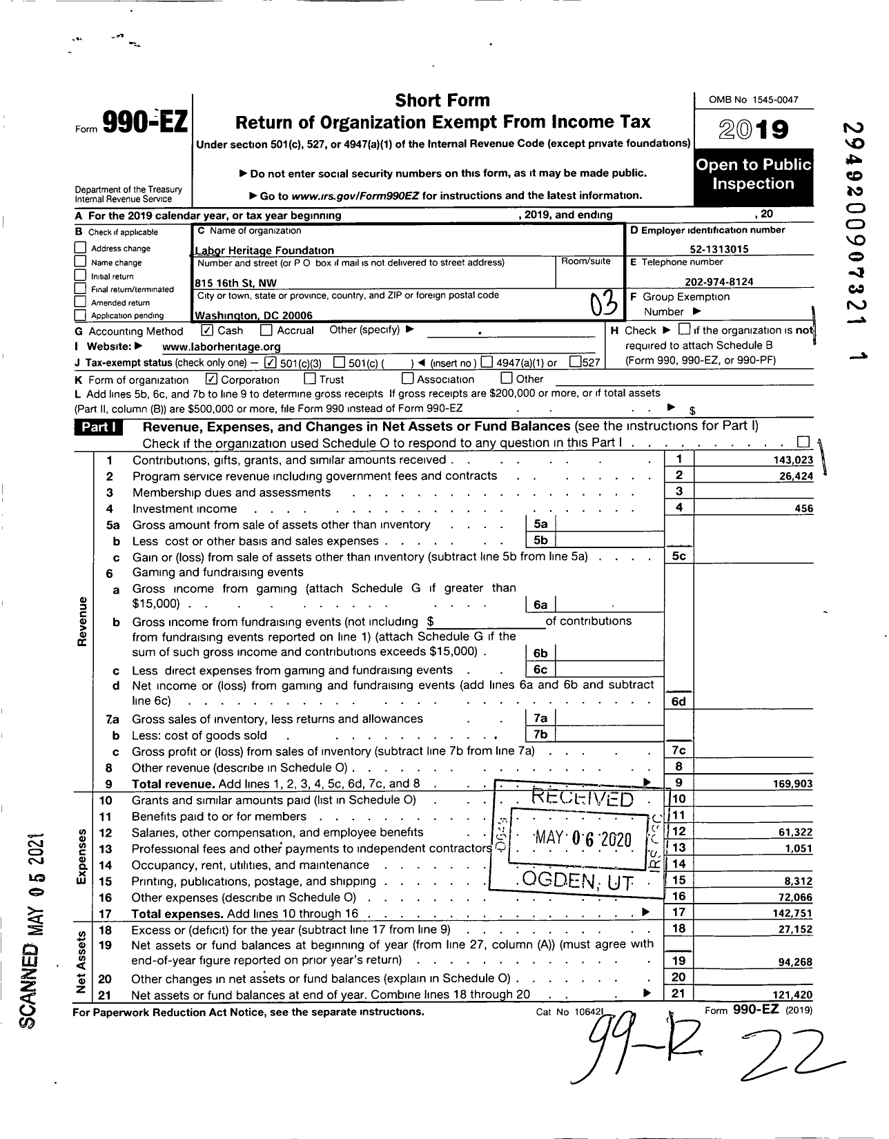 Image of first page of 2019 Form 990EZ for The Labor Heritage Foundation
