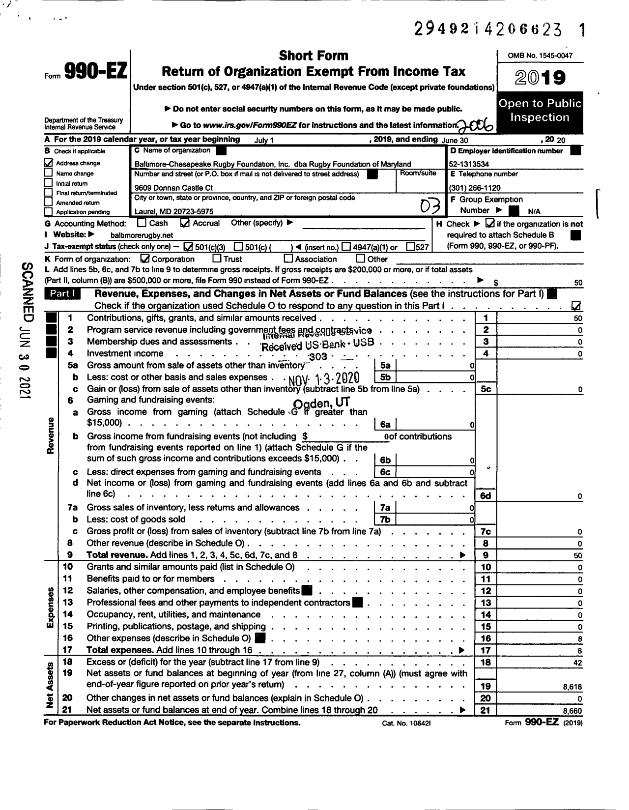 Image of first page of 2019 Form 990EZ for Baltimore-Chesapeake Rugby Foundation