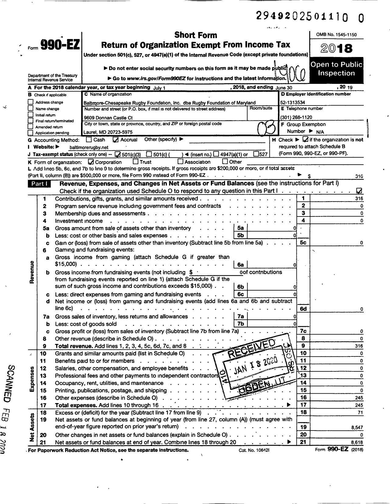 Image of first page of 2018 Form 990EZ for Baltimore-Chesapeake Rugby Foundation