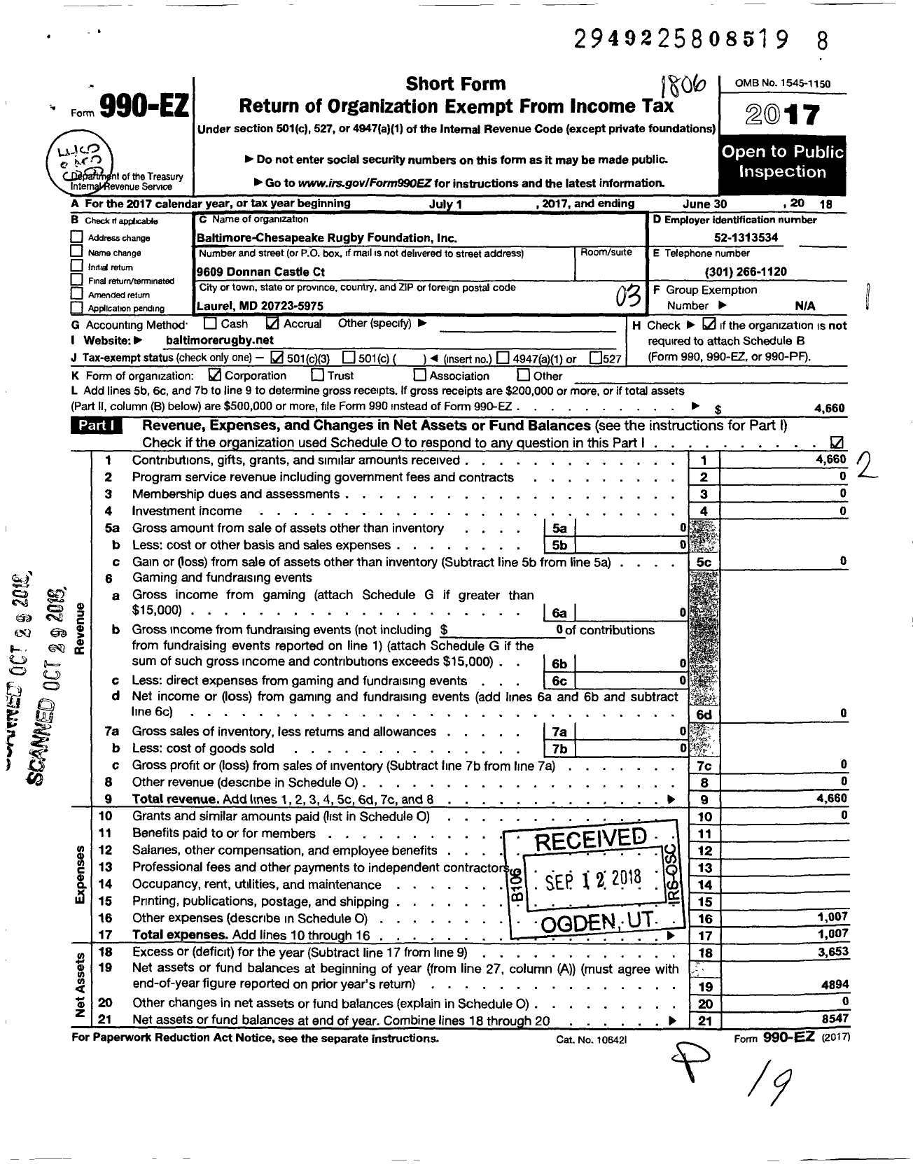 Image of first page of 2017 Form 990EZ for Baltimore-Chesapeake Rugby Foundation