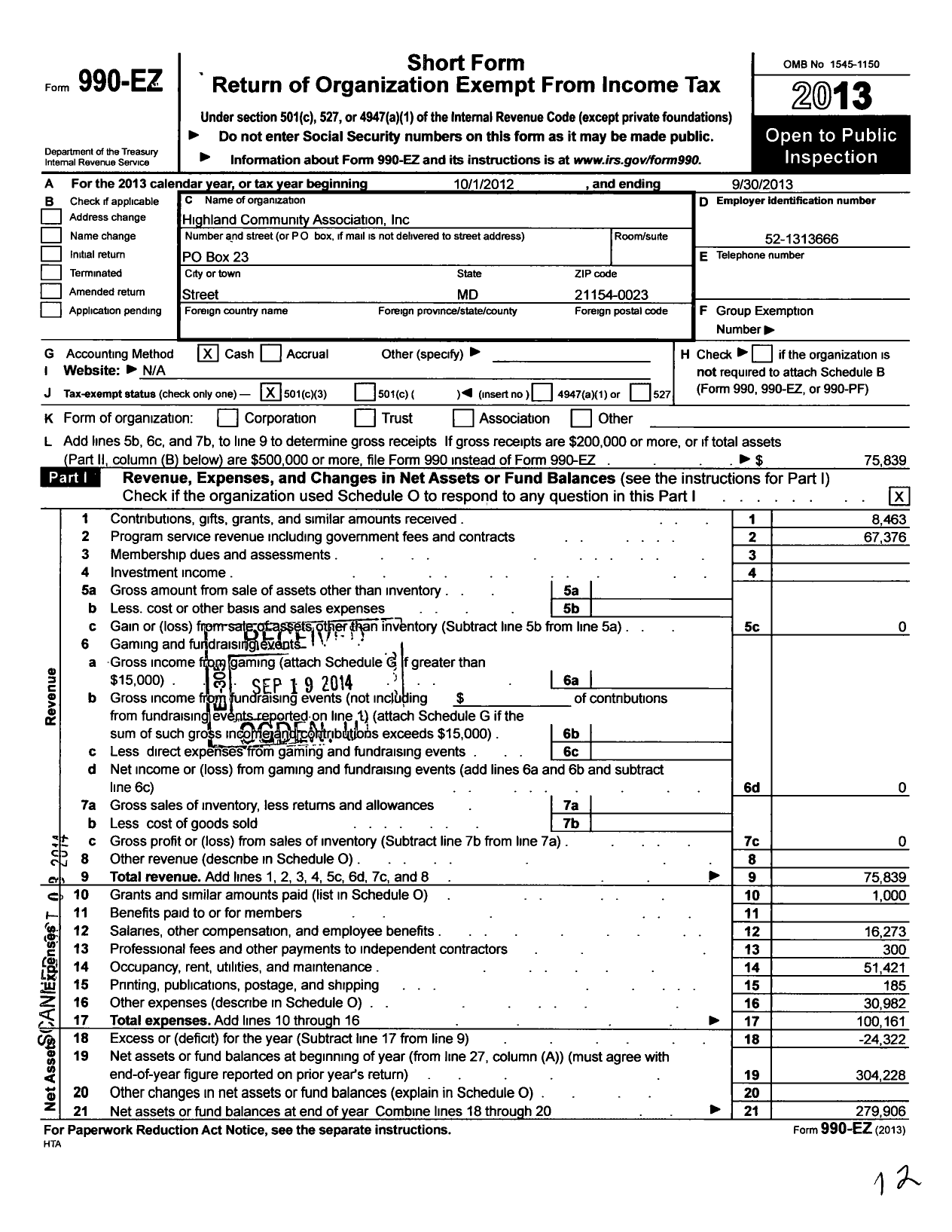 Image of first page of 2012 Form 990EZ for Highland Community Association